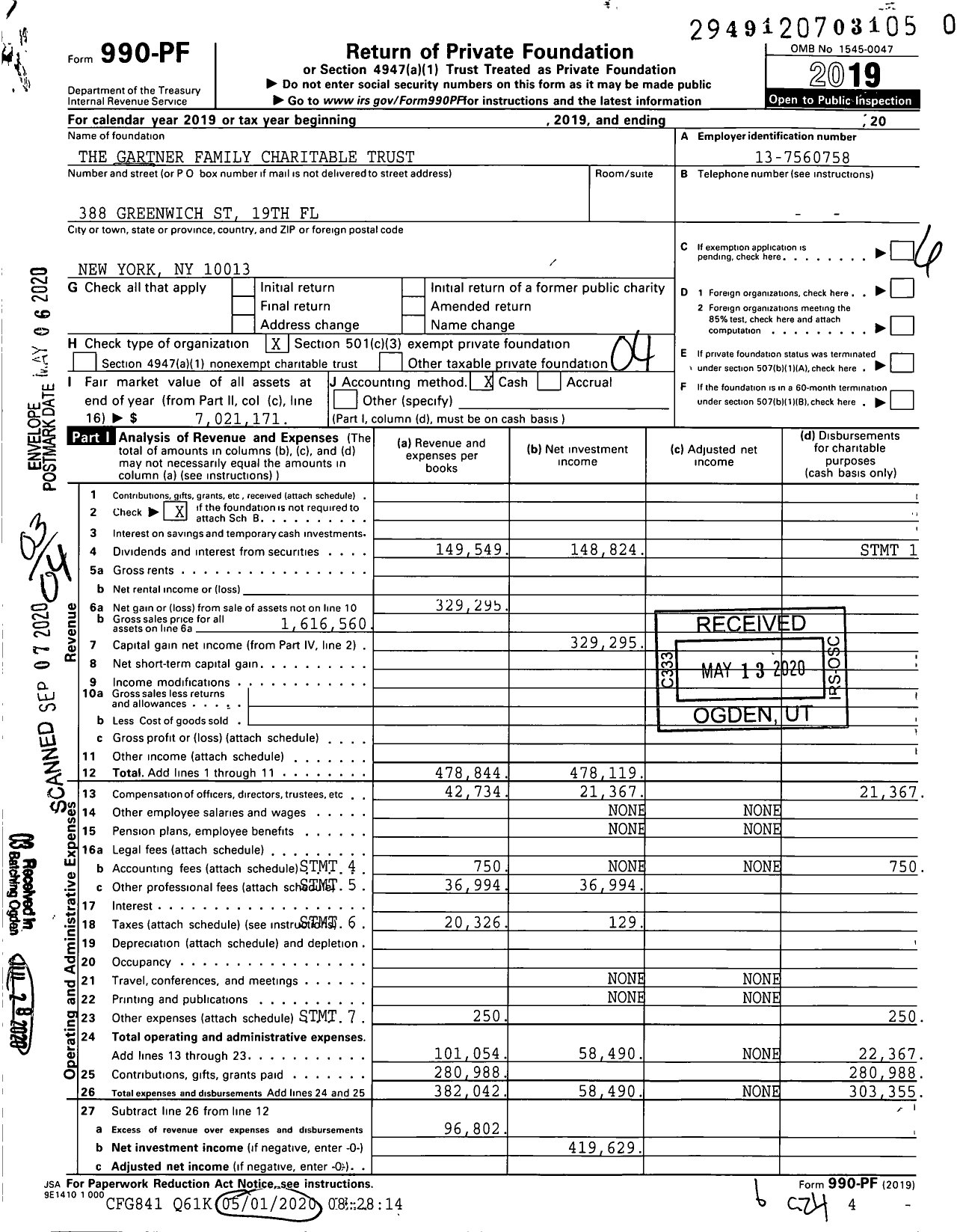 Image of first page of 2019 Form 990PR for The Gartner Family Charitable Trust