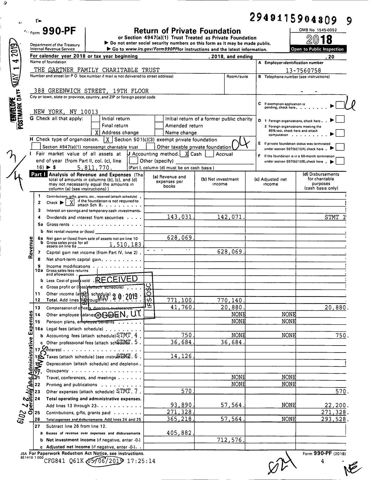 Image of first page of 2018 Form 990PF for The Gartner Family Charitable Trust