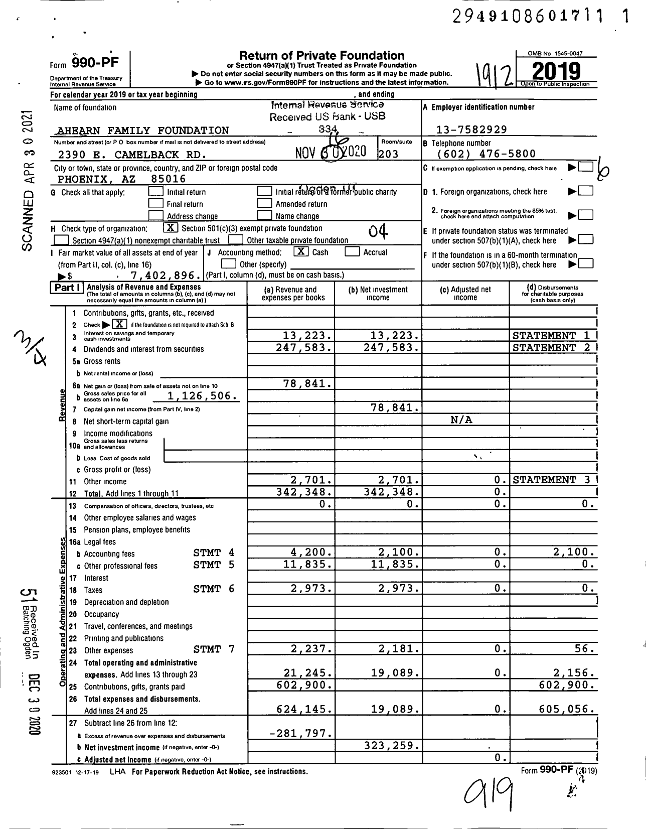 Image of first page of 2019 Form 990PF for Ahearn Family Foundation