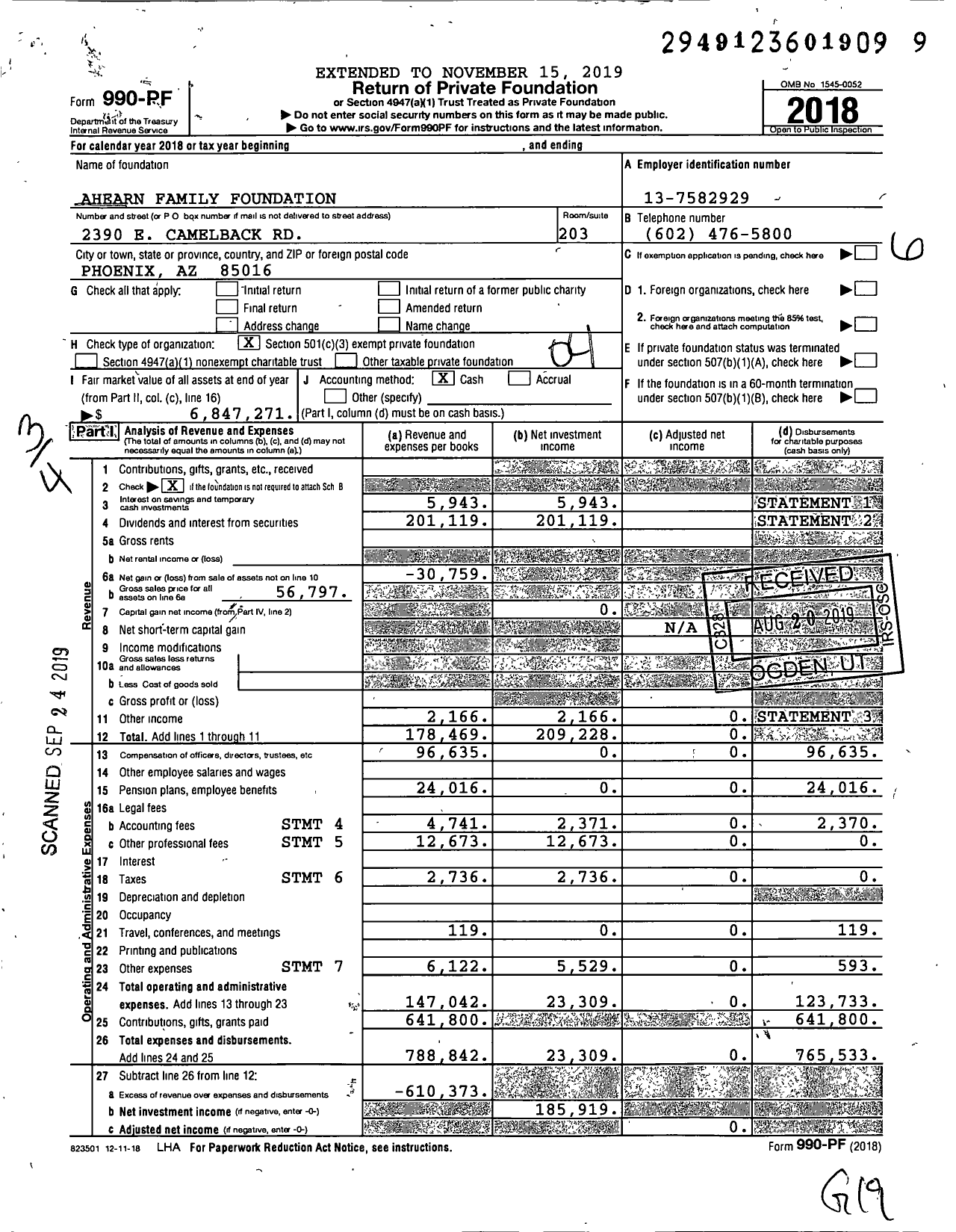 Image of first page of 2018 Form 990PF for Ahearn Family Foundation
