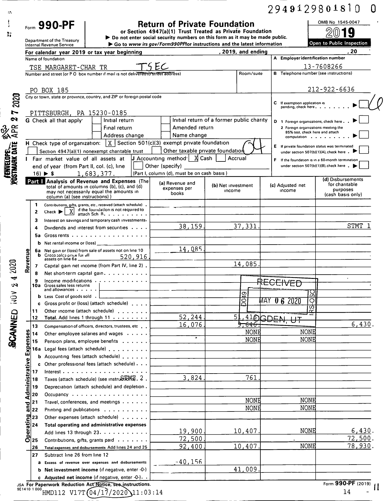 Image of first page of 2019 Form 990PF for Tse Margaret-Char Trust