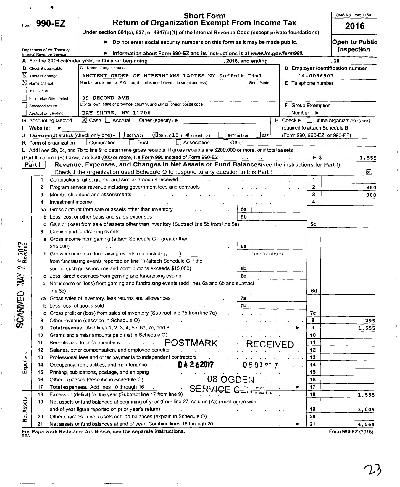 Image of first page of 2016 Form 990EO for ANCIENT ORDER OF HIBERNIANS LADIES NY Suffolk Div 1