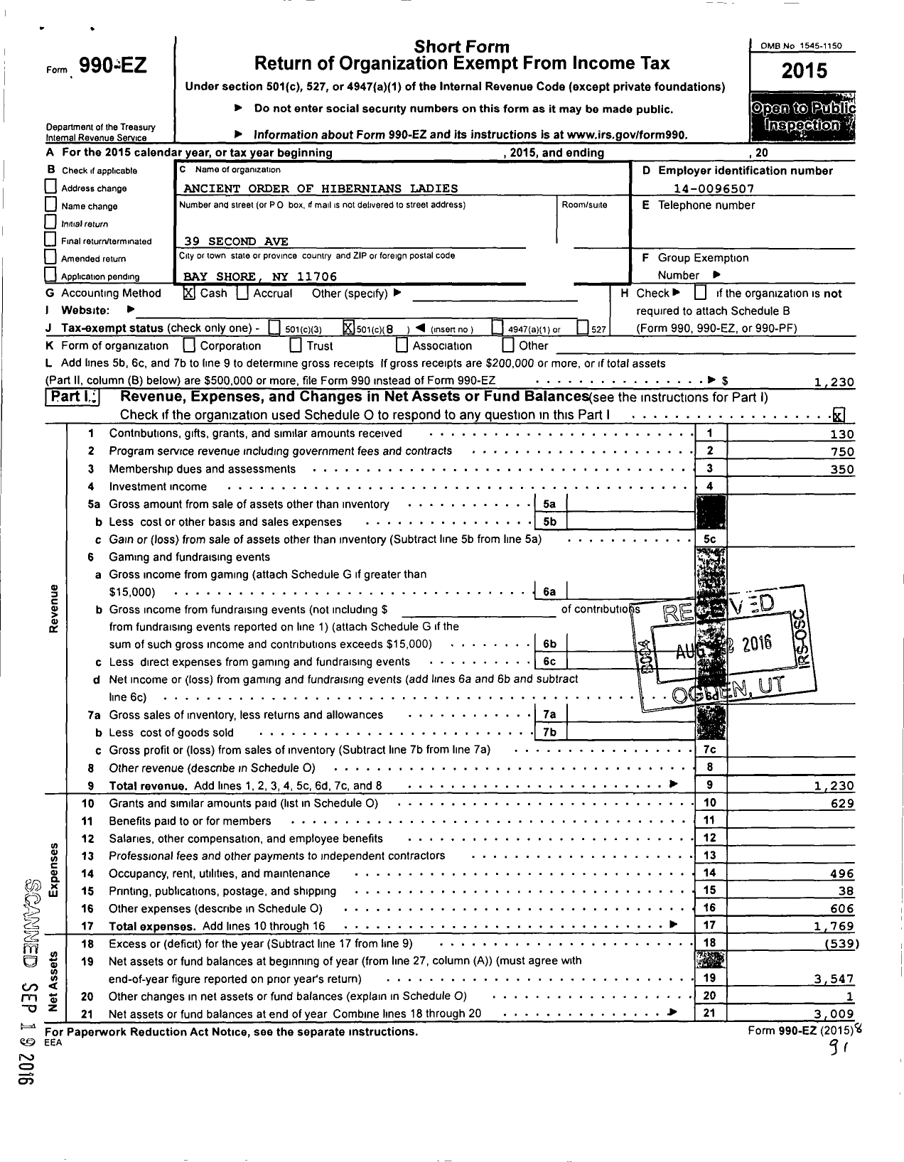 Image of first page of 2015 Form 990EO for ANCIENT ORDER OF HIBERNIANS LADIES NY Suffolk Div 1