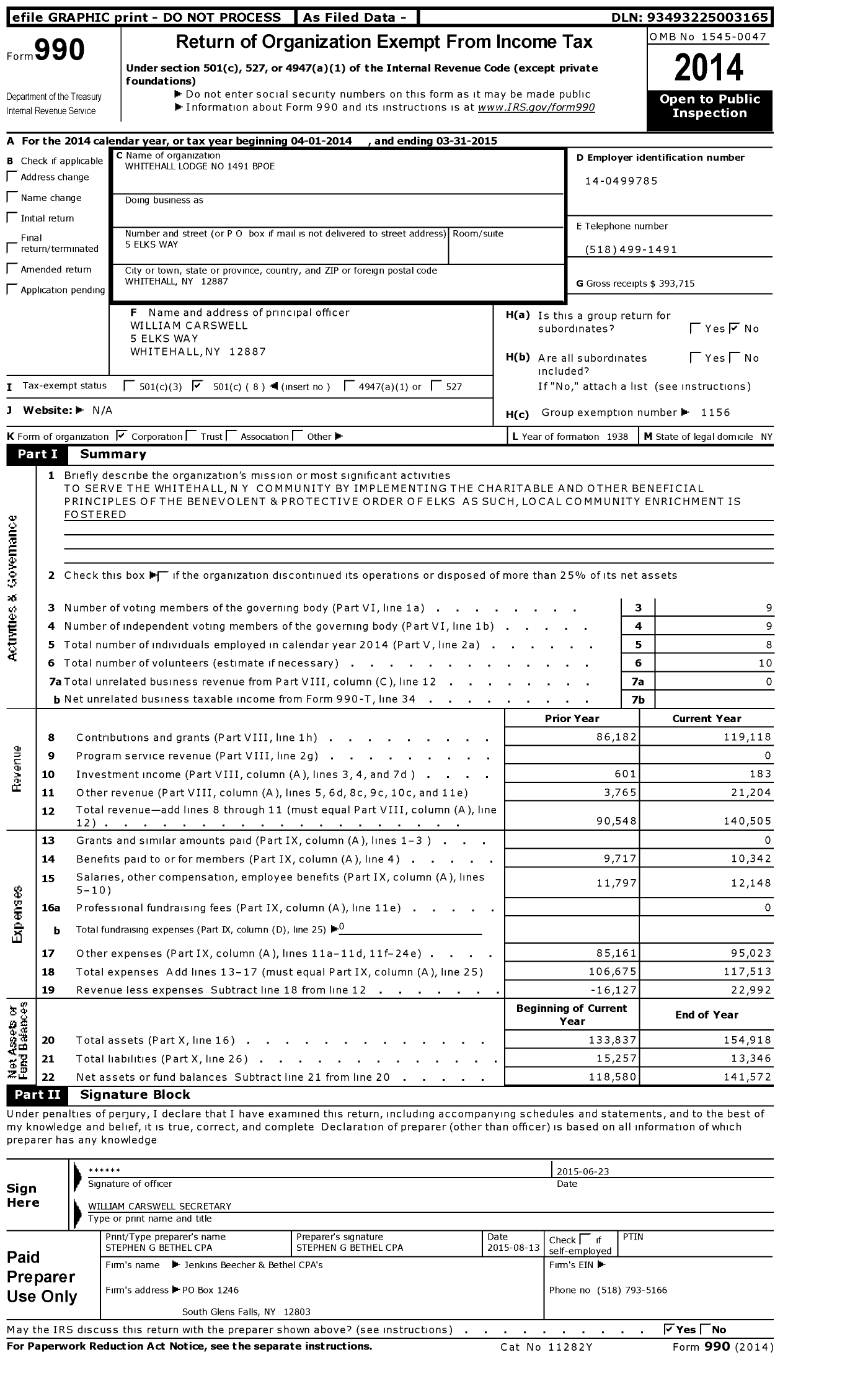 Image of first page of 2014 Form 990O for Benevolent and Protective Order of Elks - 1491 Whitehall