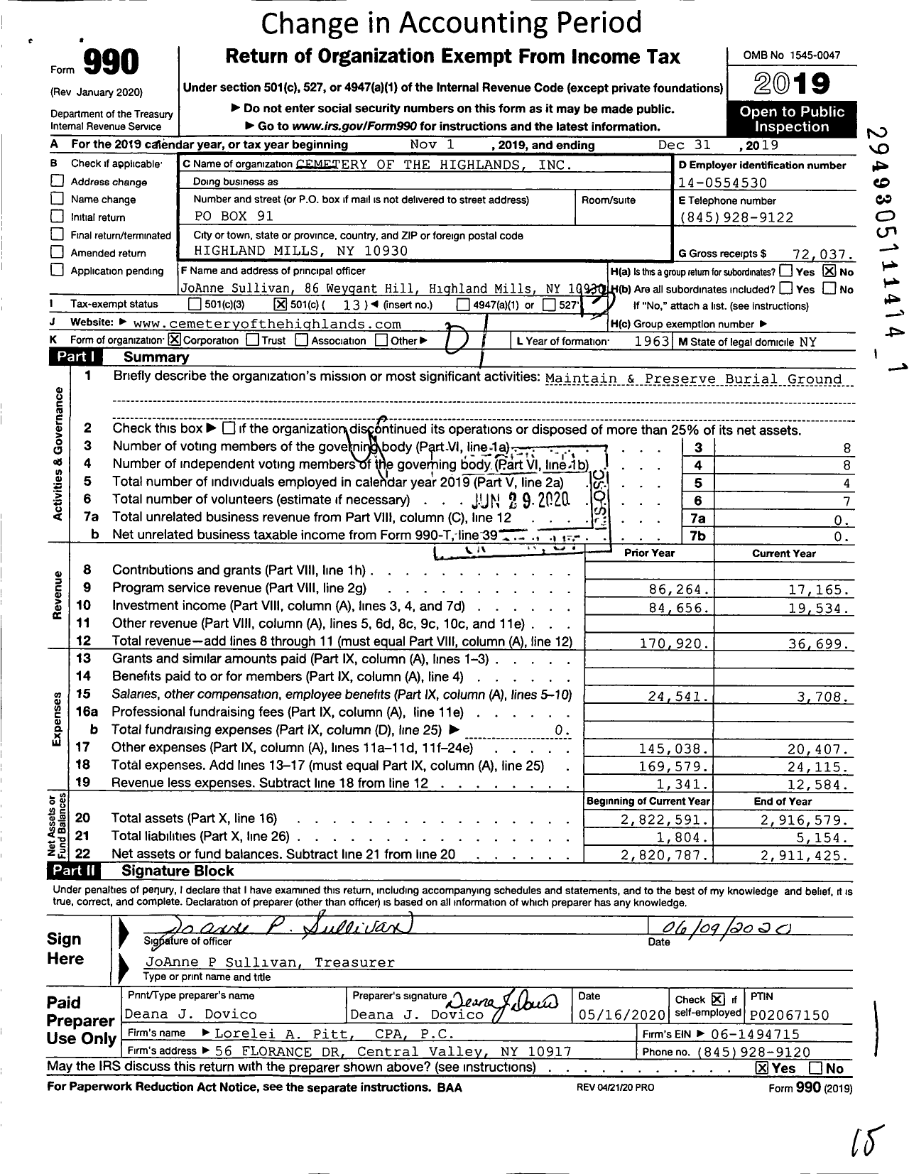 Image of first page of 2019 Form 990O for Cemetery of the Highlands