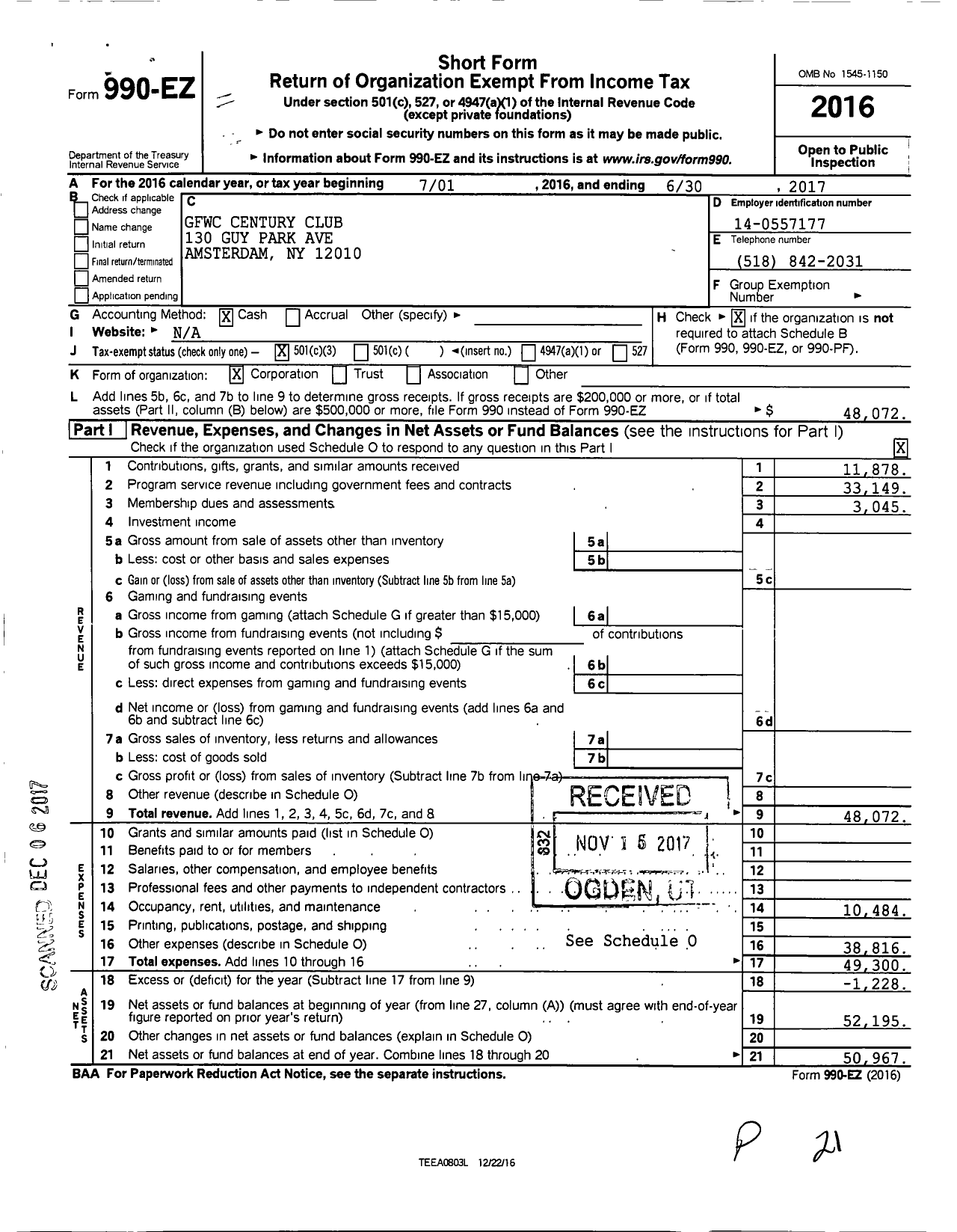 Image of first page of 2016 Form 990EZ for GFWC Century Club