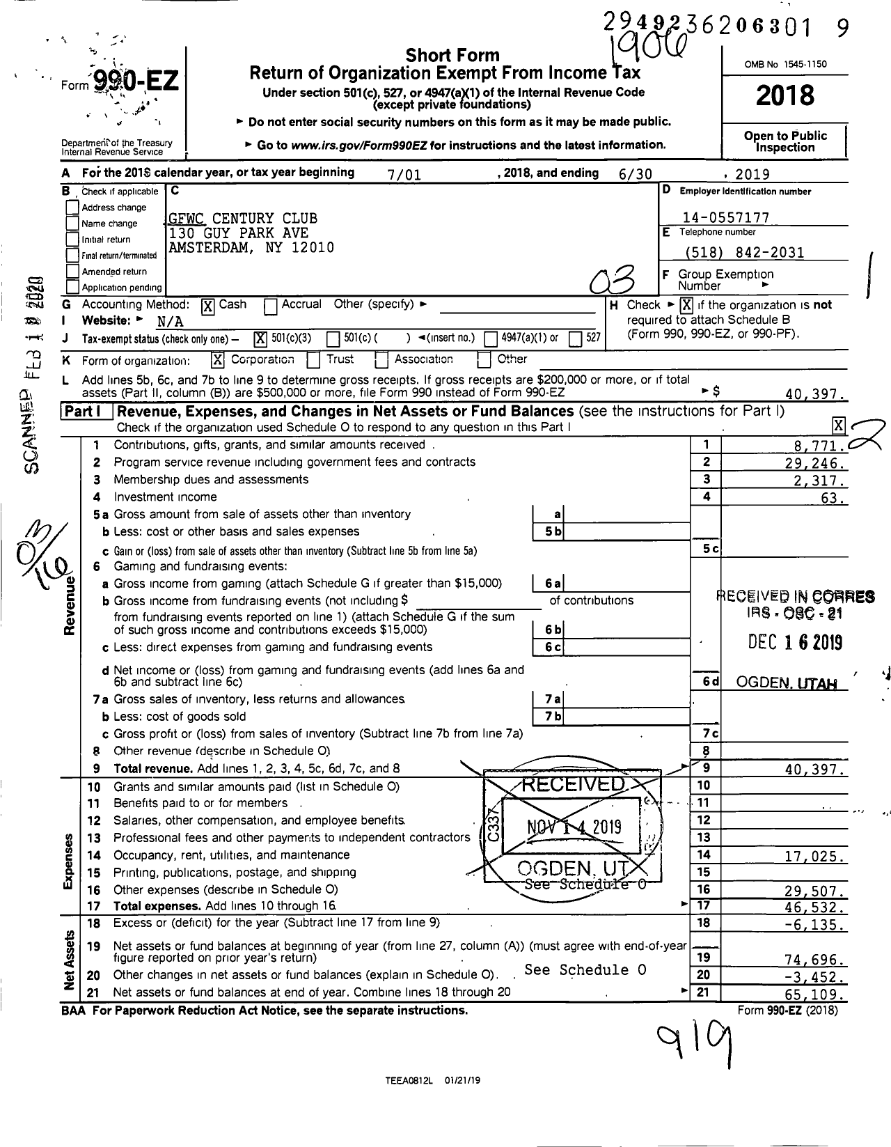 Image of first page of 2018 Form 990EZ for GFWC Century Club