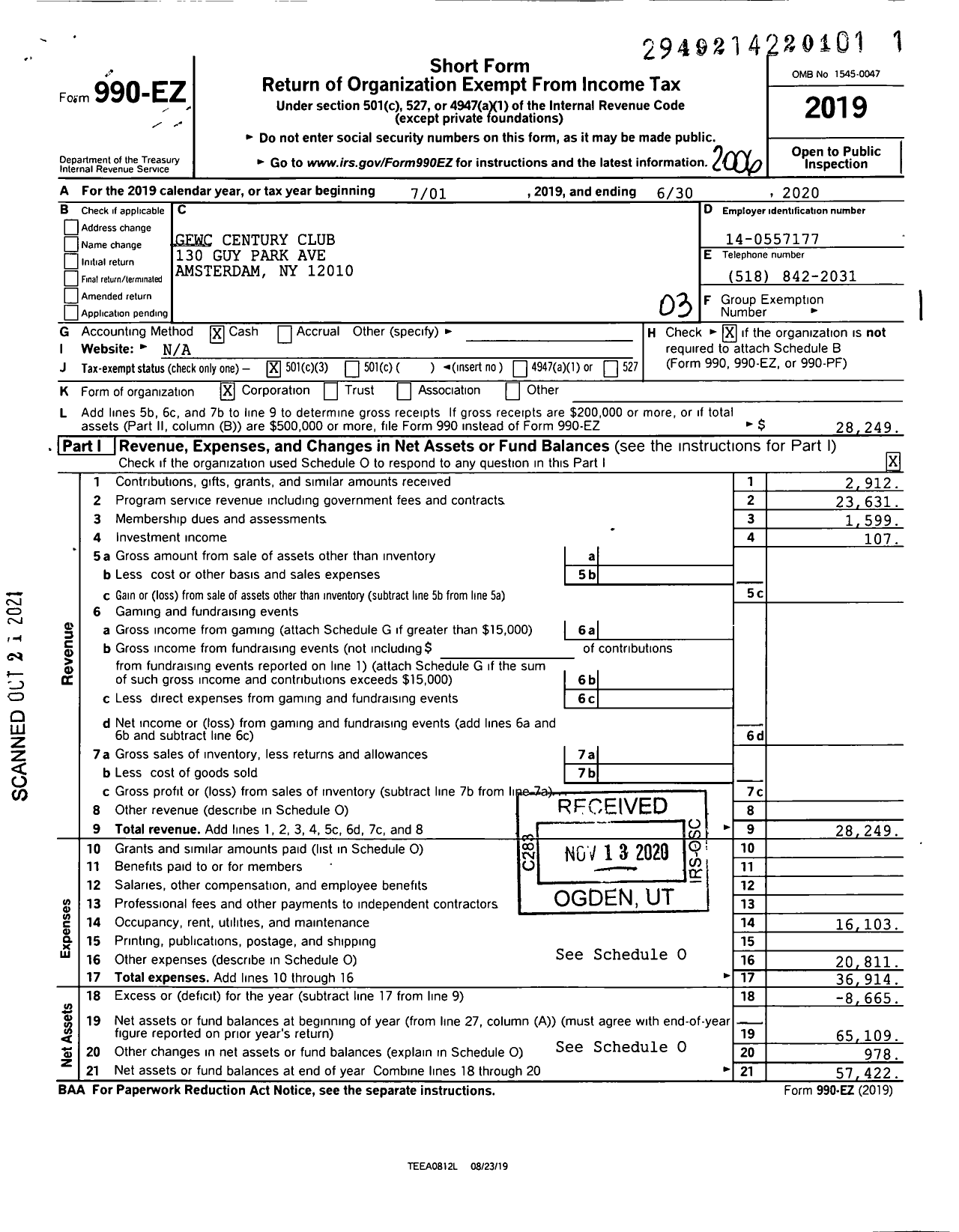 Image of first page of 2019 Form 990EZ for GFWC Century Club