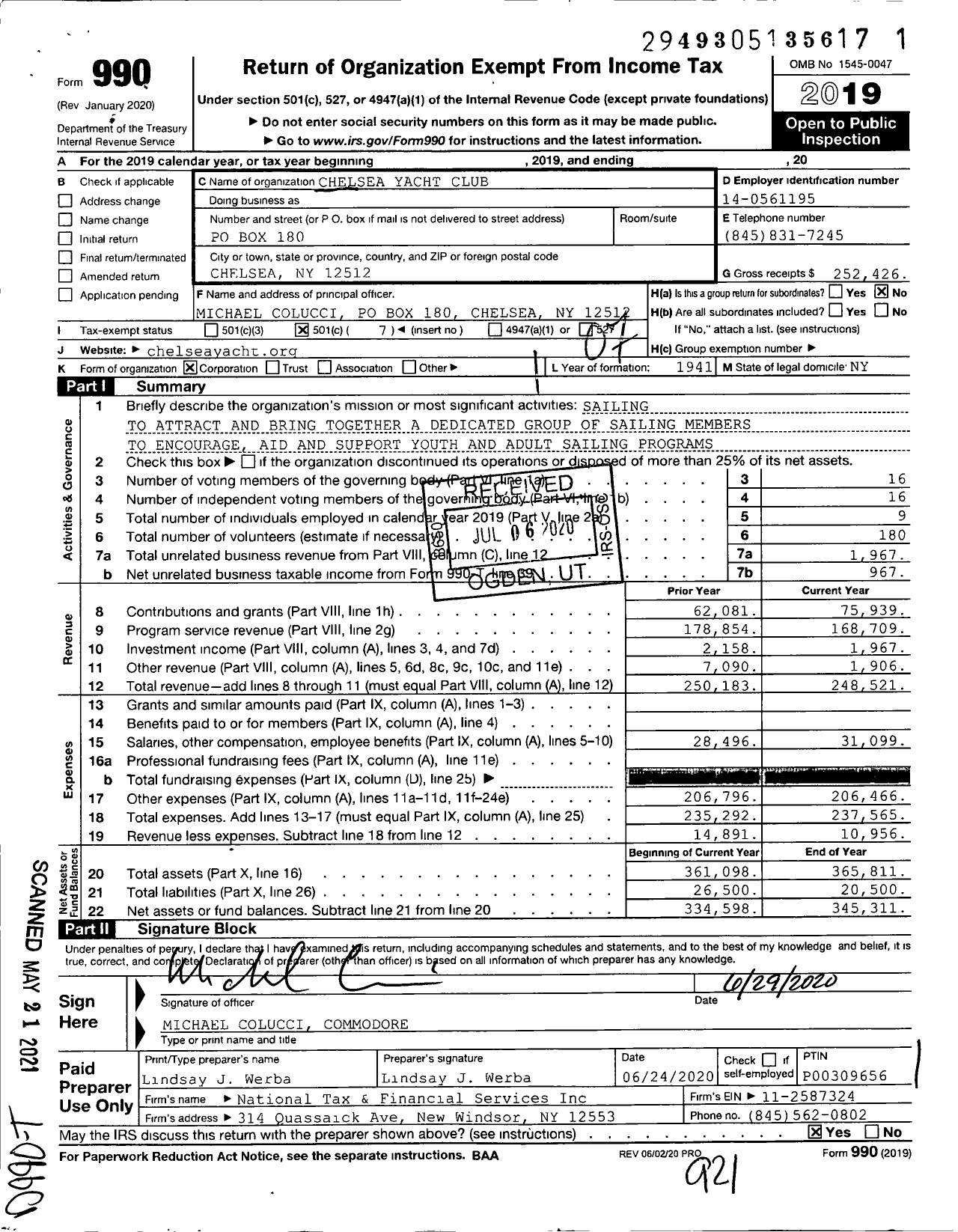 Image of first page of 2019 Form 990O for Chelsea Yacht Club