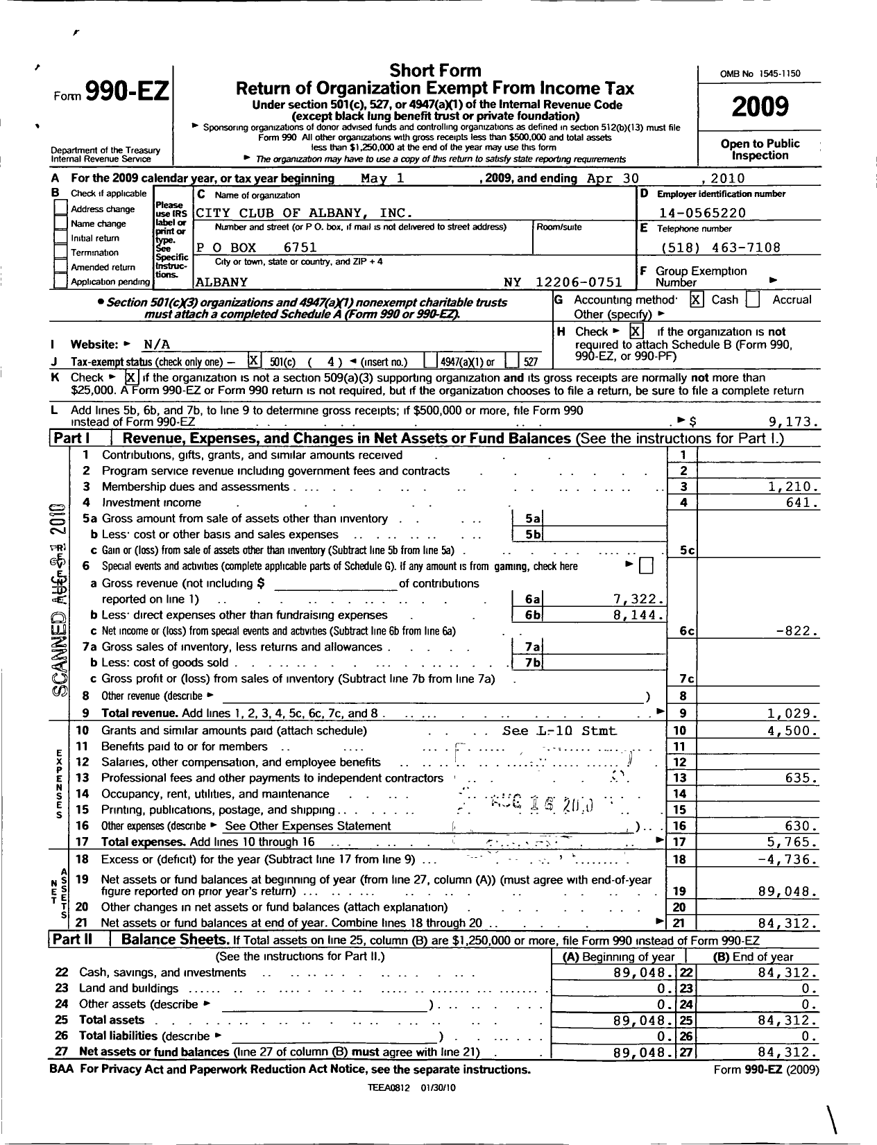 Image of first page of 2009 Form 990EO for City Club of Albany