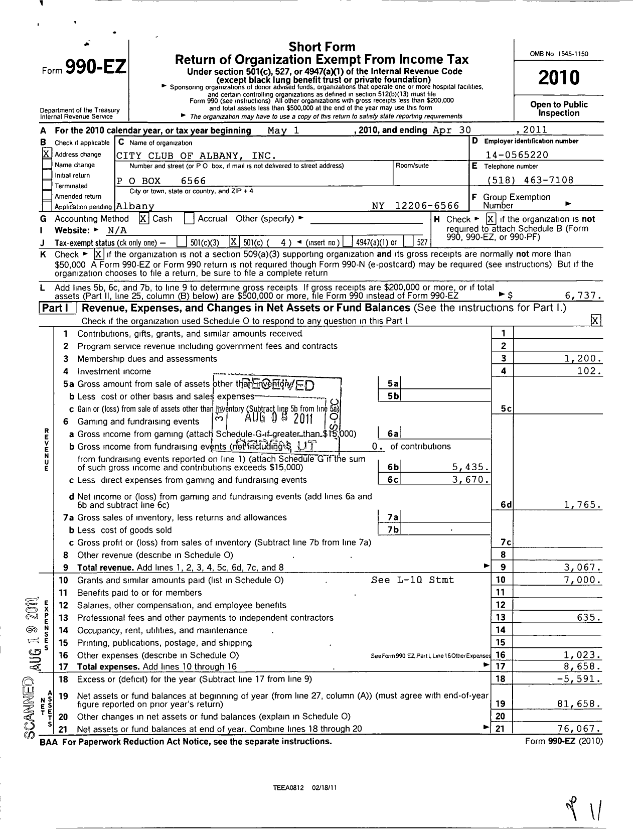 Image of first page of 2010 Form 990EO for City Club of Albany