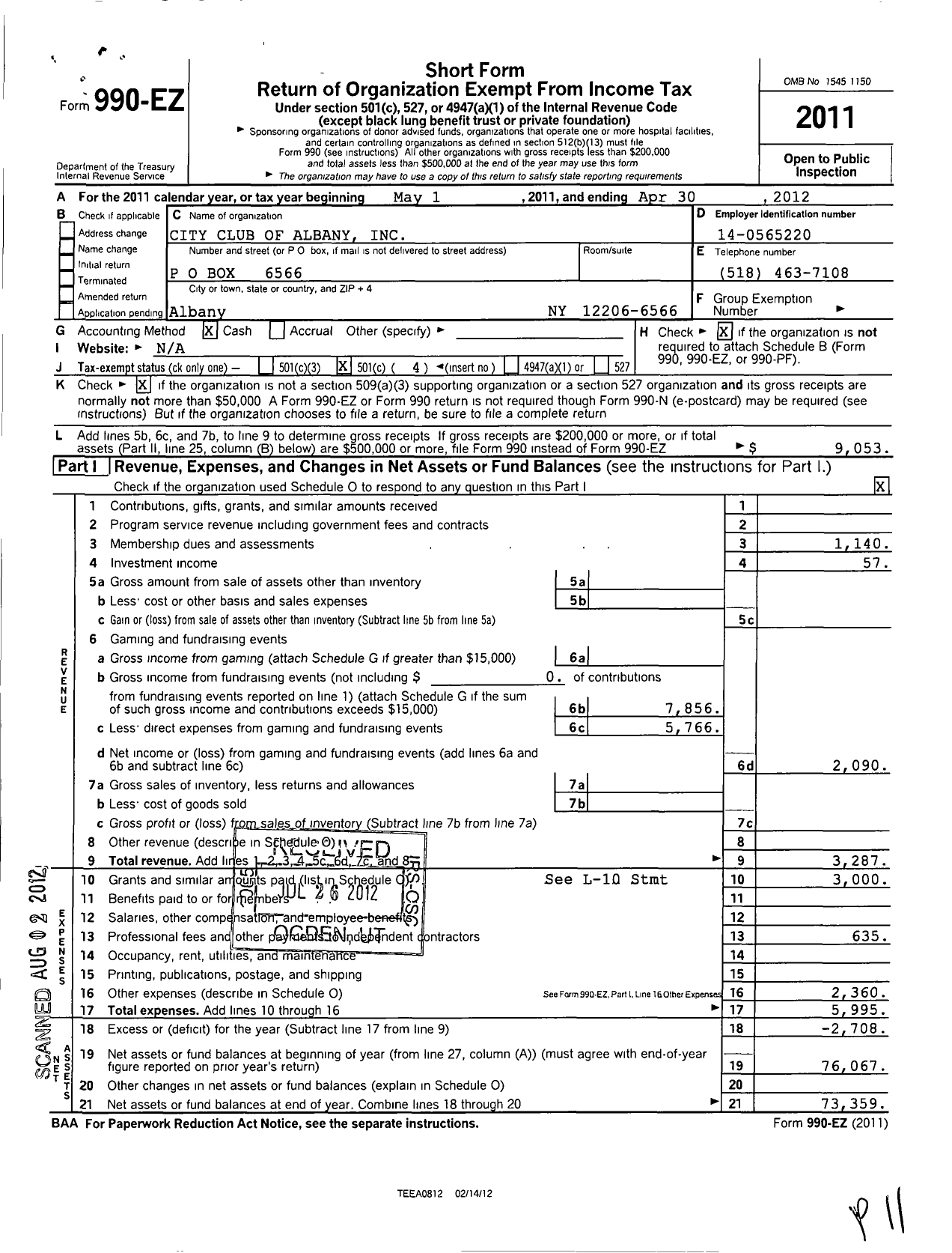 Image of first page of 2011 Form 990EO for City Club of Albany