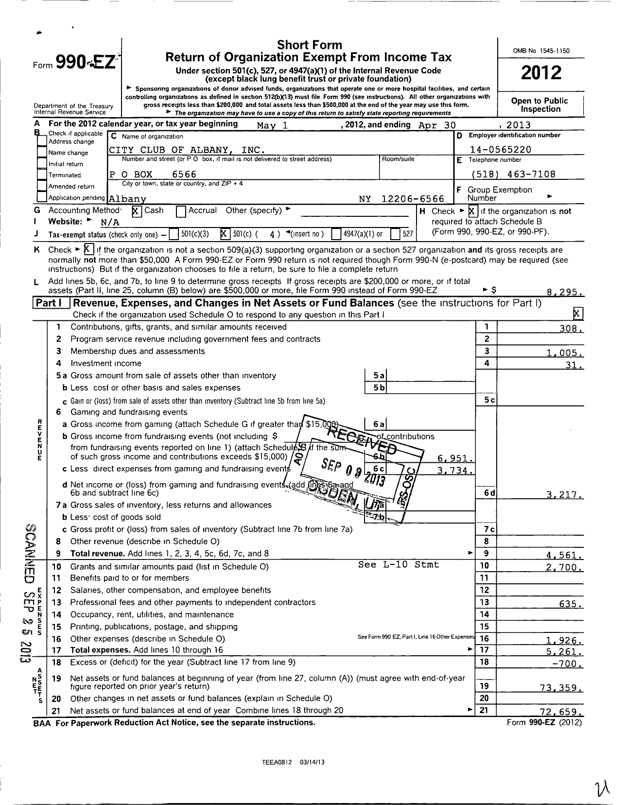 Image of first page of 2012 Form 990EO for City Club of Albany