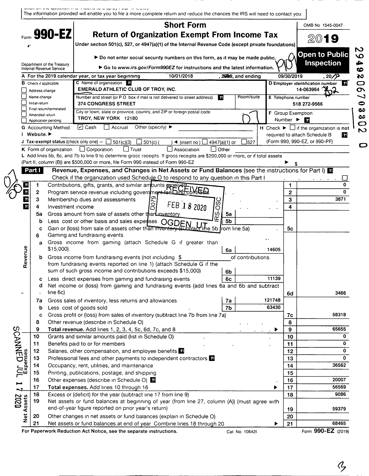 Image of first page of 2018 Form 990EO for Emerald Athletic Club