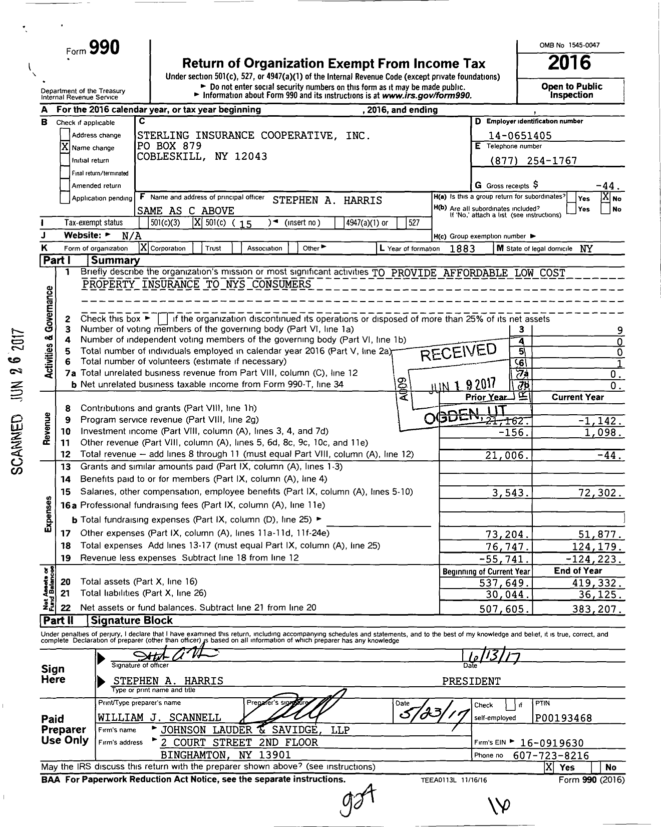 Image of first page of 2016 Form 990O for Sterling Insurance Cooperative