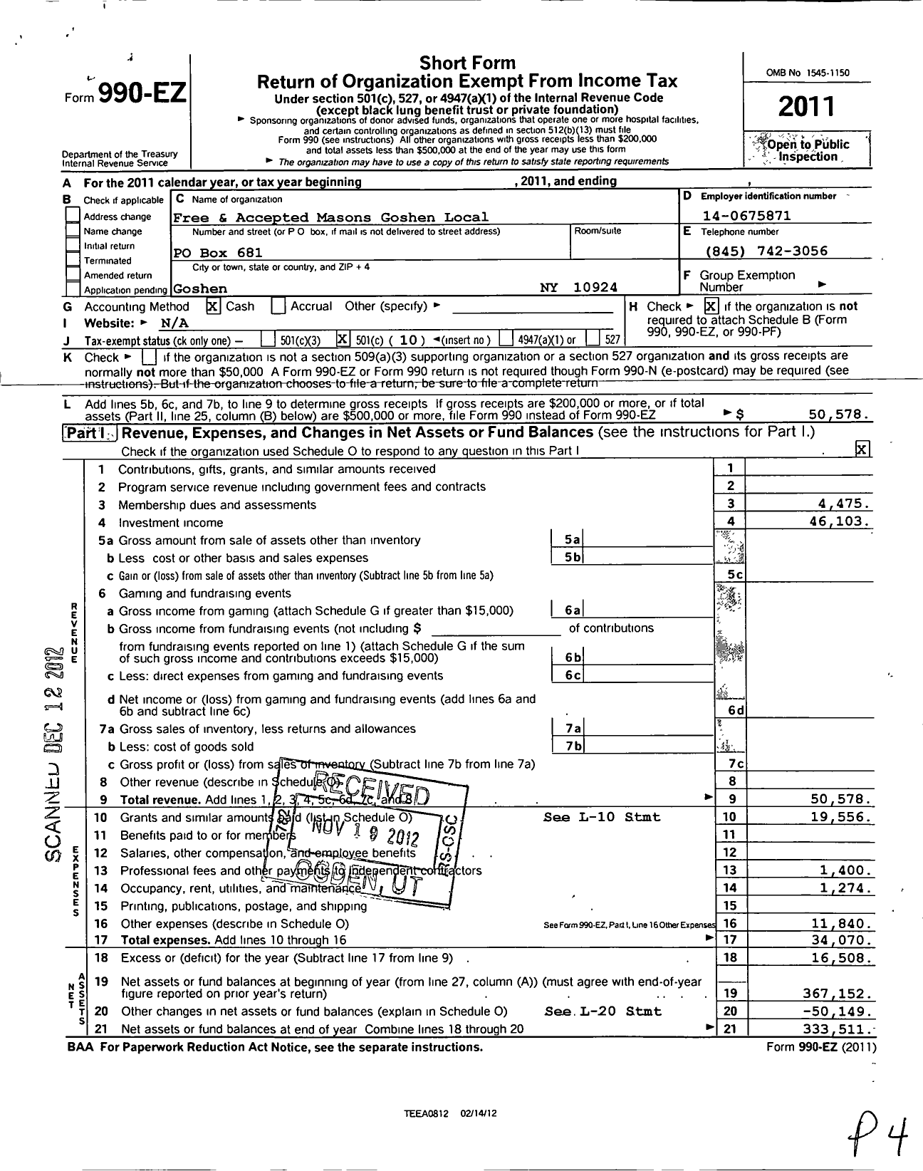 Image of first page of 2011 Form 990EO for Free and Accepted Masons of New York - 365 Goshen Lodge