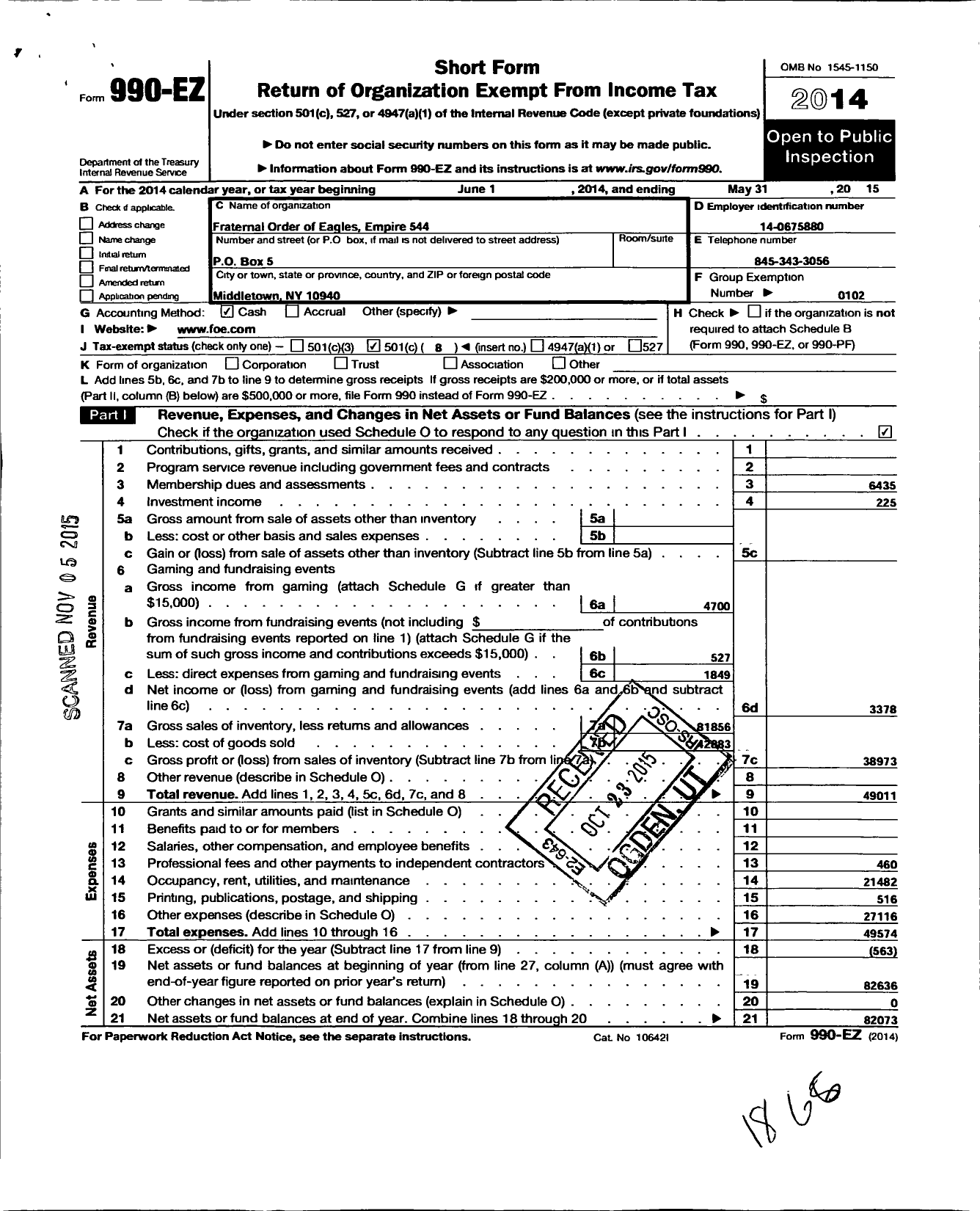 Image of first page of 2014 Form 990EO for Fraternal Order of Eagles 544 Aerie