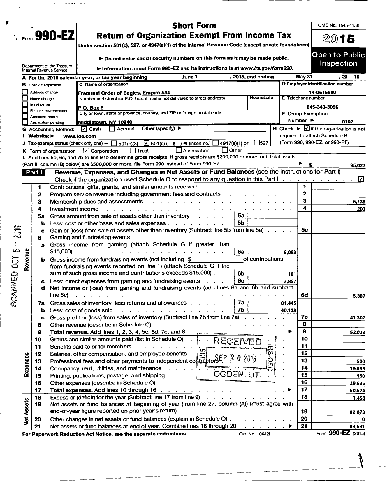 Image of first page of 2015 Form 990EO for Fraternal Order of Eagles 544 Aerie