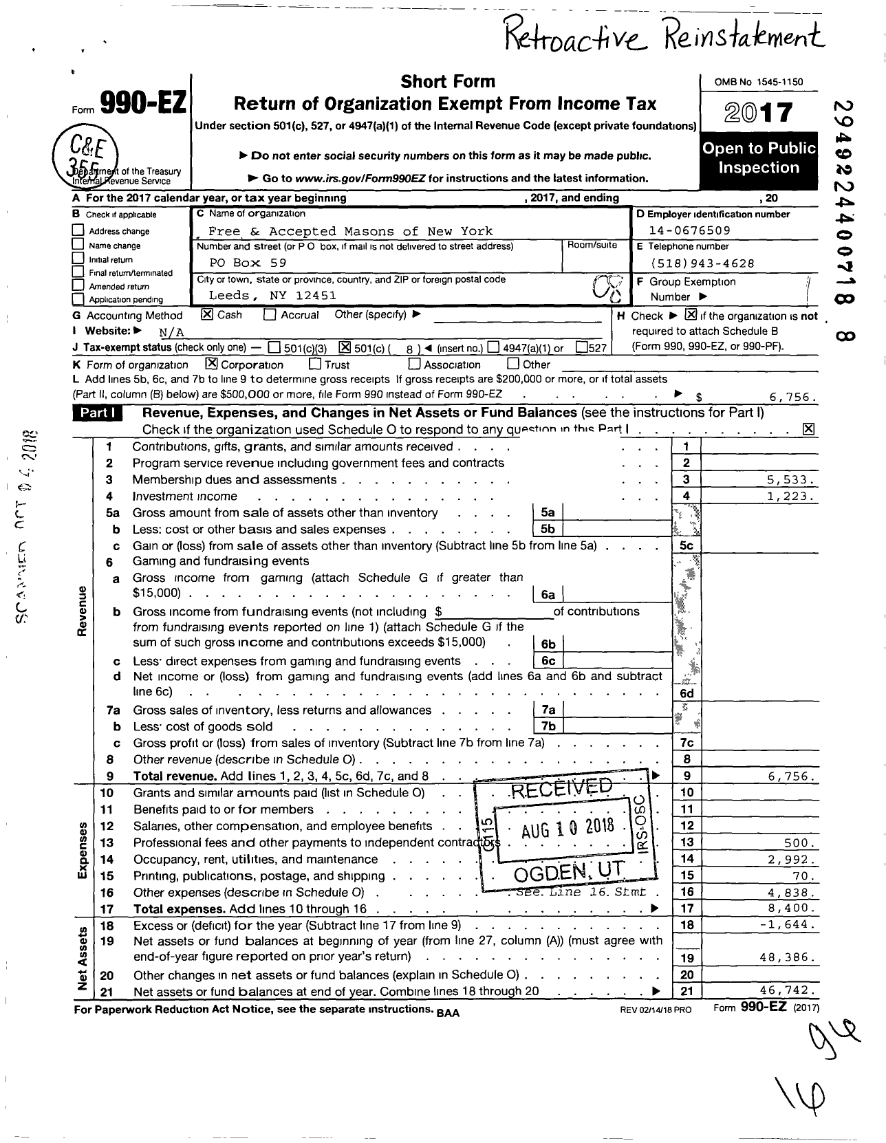 Image of first page of 2017 Form 990EO for Catskill Lodge No 468 F and A M