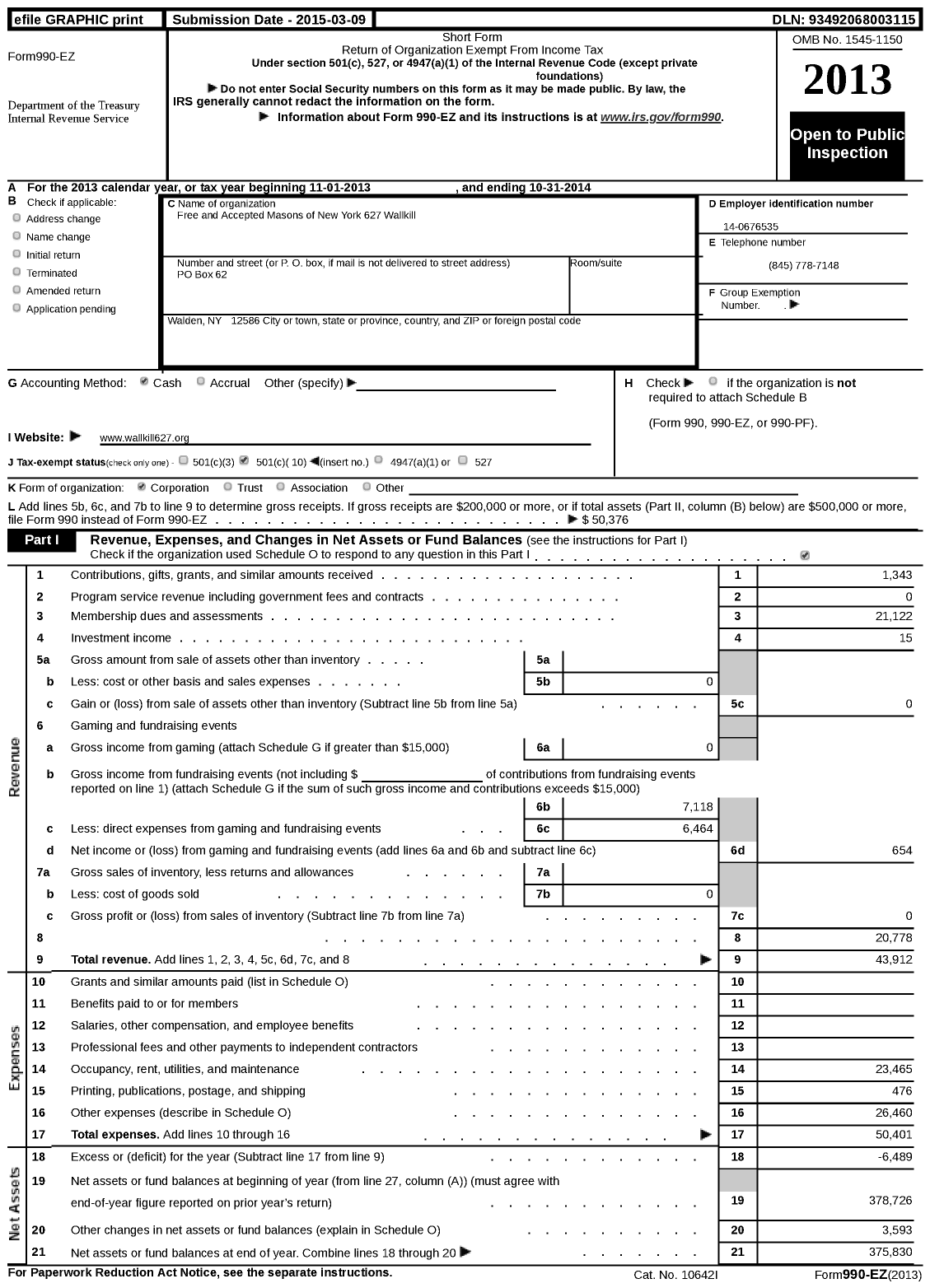 Image of first page of 2013 Form 990EZ for Free and Accepted Masons of New York - 627 Wallkill