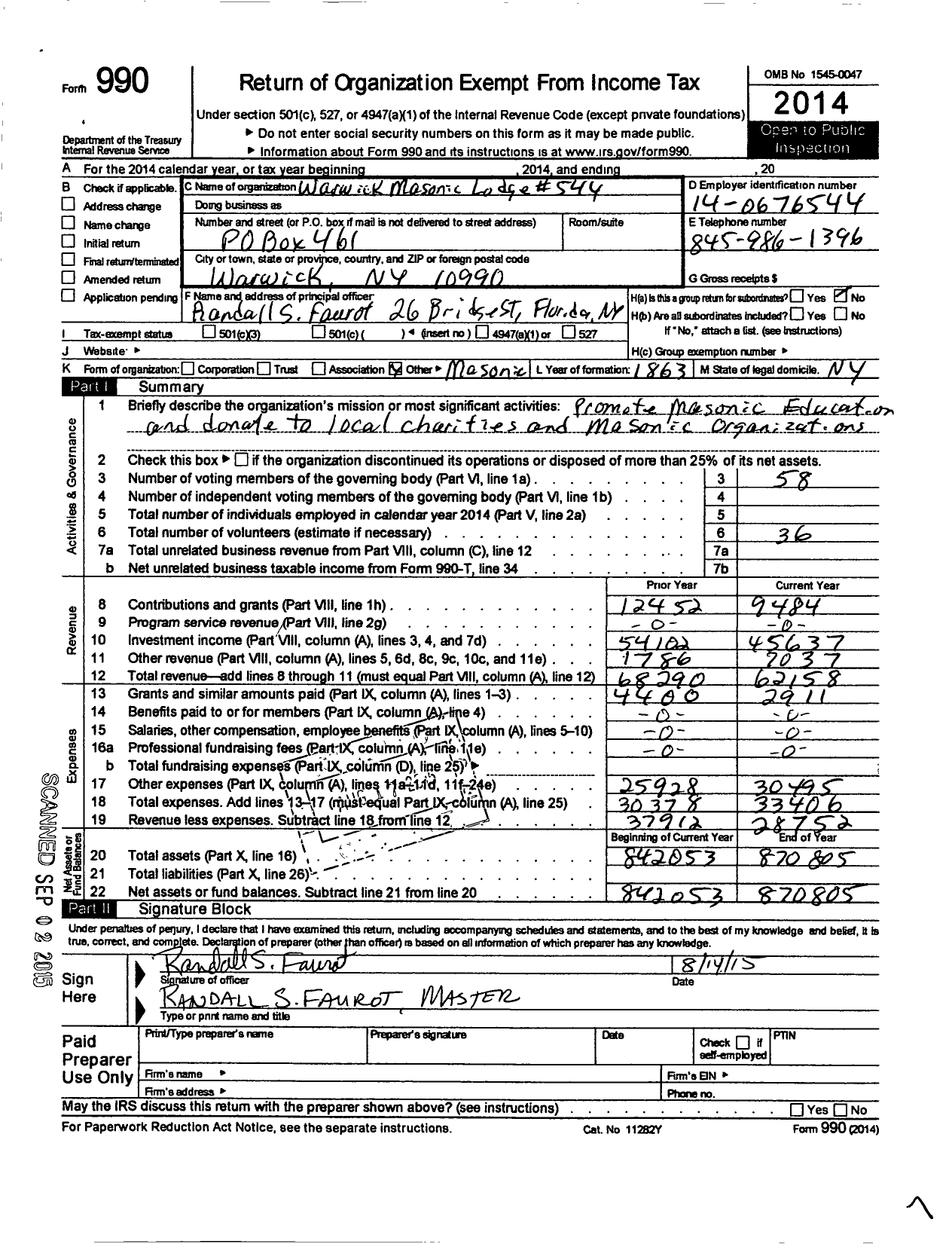 Image of first page of 2014 Form 990O for Free and Accepted Masons of New York - 544 Warwick