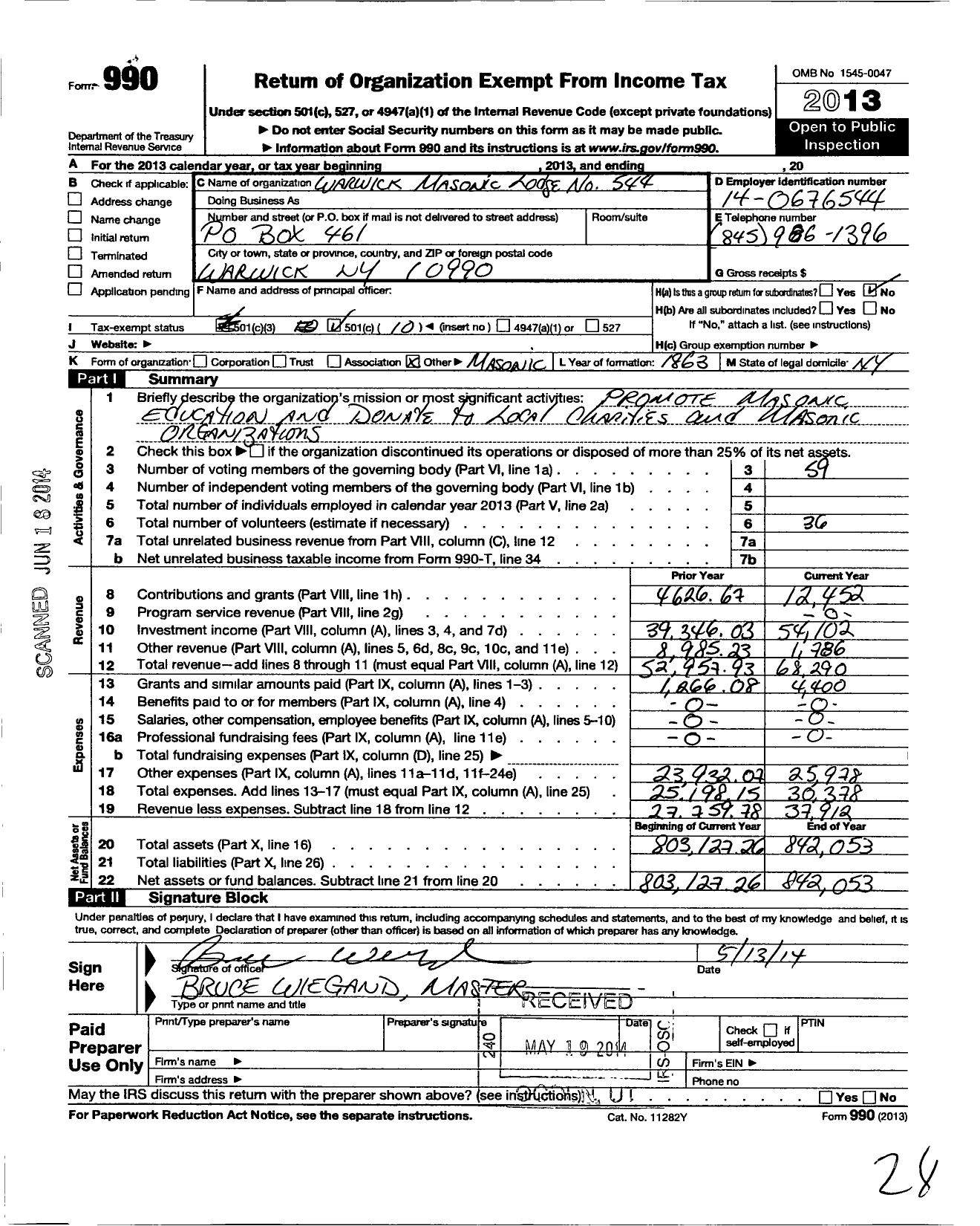 Image of first page of 2013 Form 990O for Free and Accepted Masons of New York - 544 Warwick