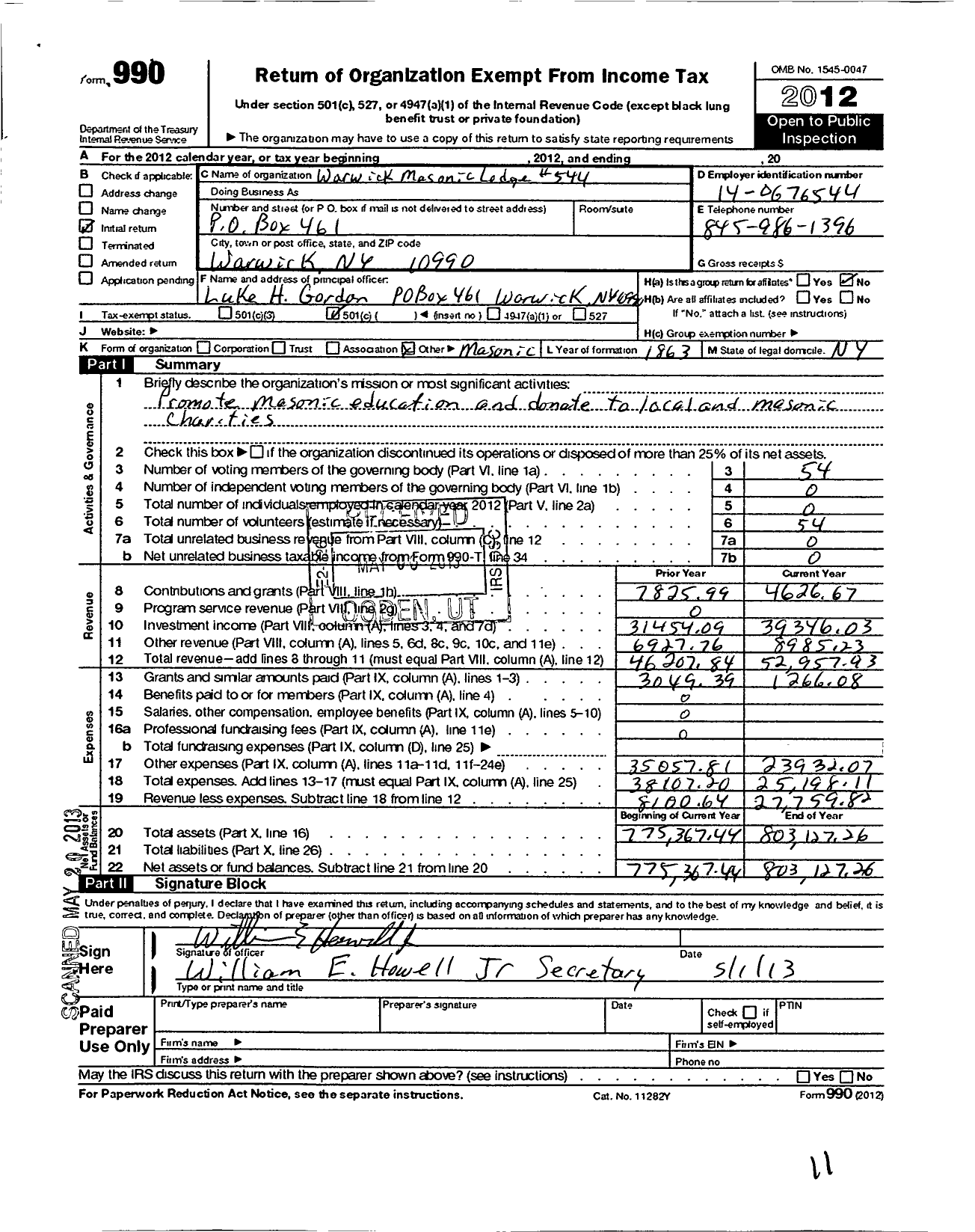 Image of first page of 2012 Form 990O for Free and Accepted Masons of New York - 544 Warwick