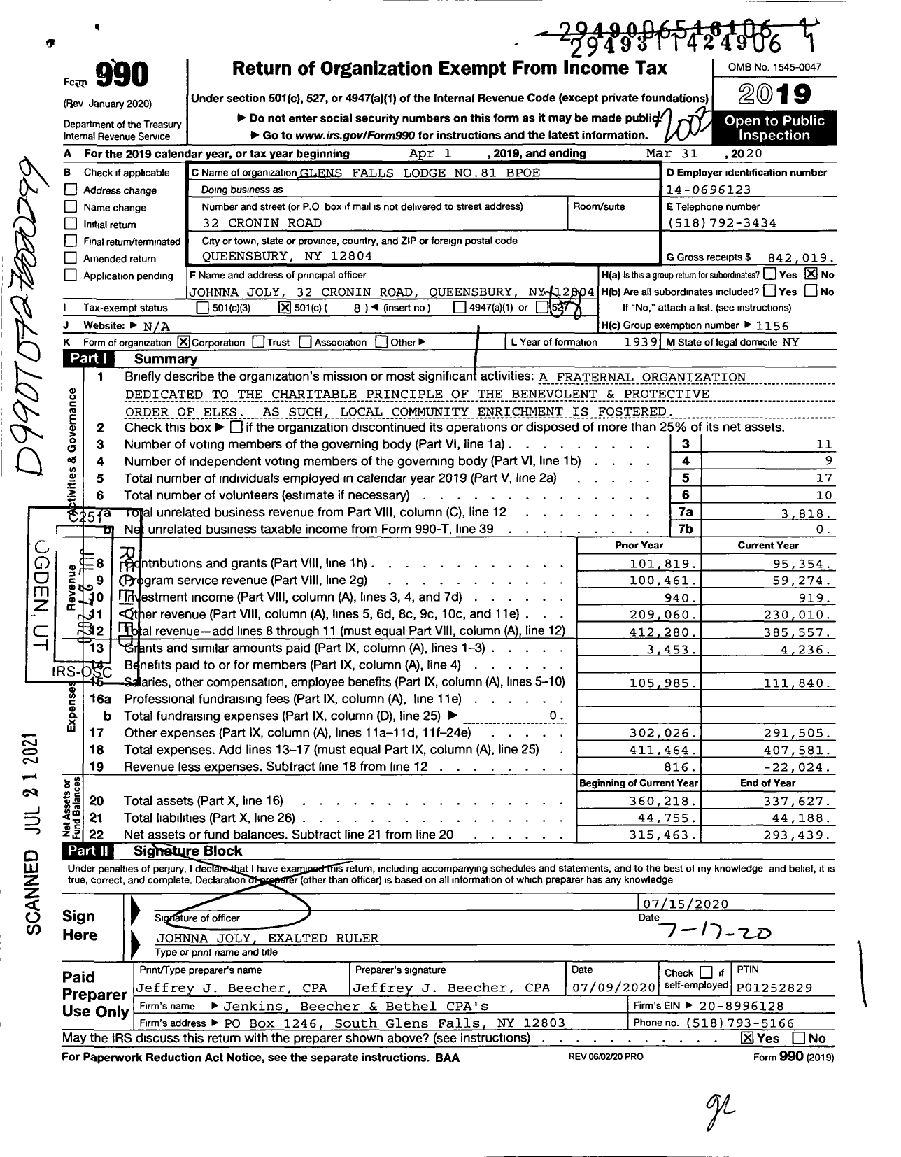 Image of first page of 2019 Form 990O for Benevolent and Protective Order of Elks - 81 Glens Falls