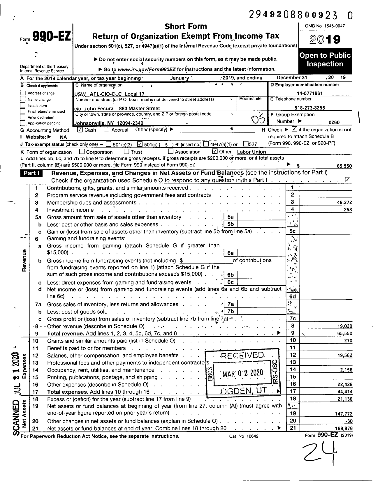 Image of first page of 2019 Form 990EO for United Steelworkers - 17 Local