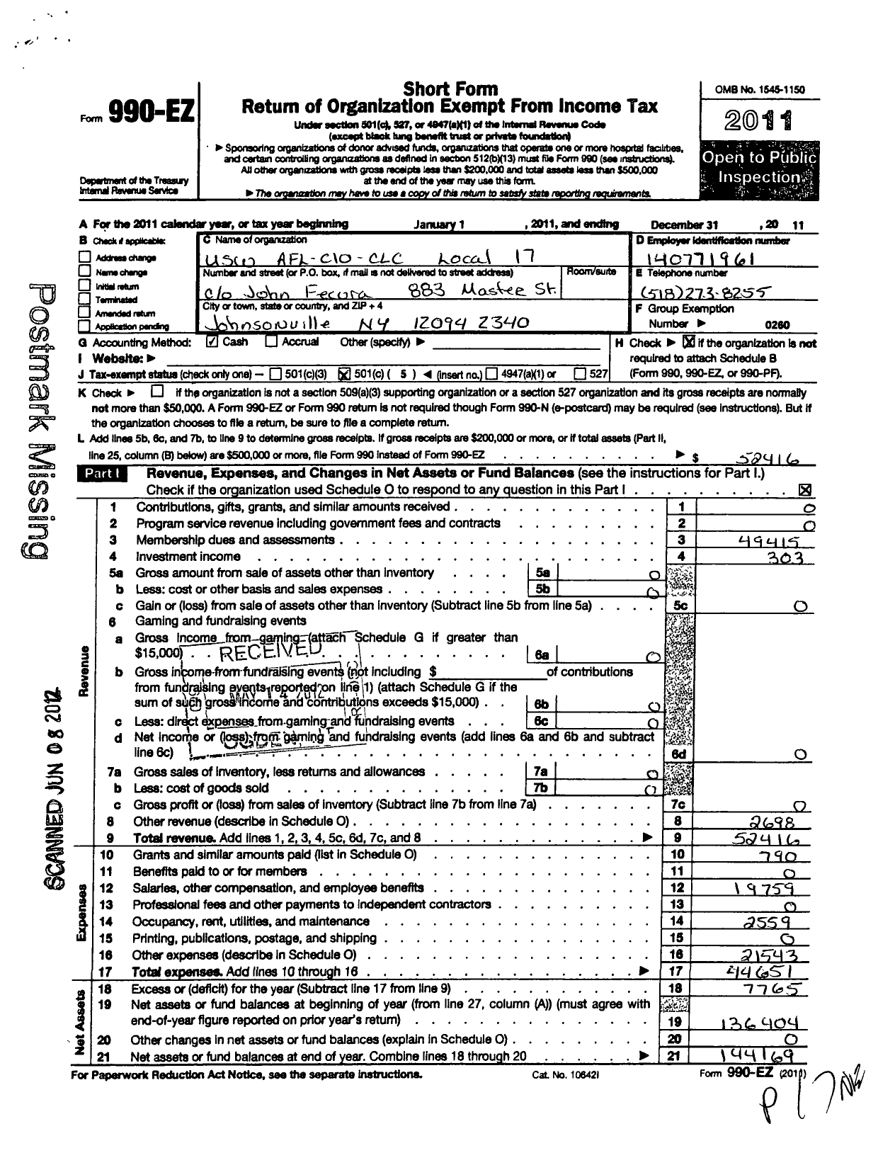 Image of first page of 2011 Form 990EO for United Steelworkers - 17 Local