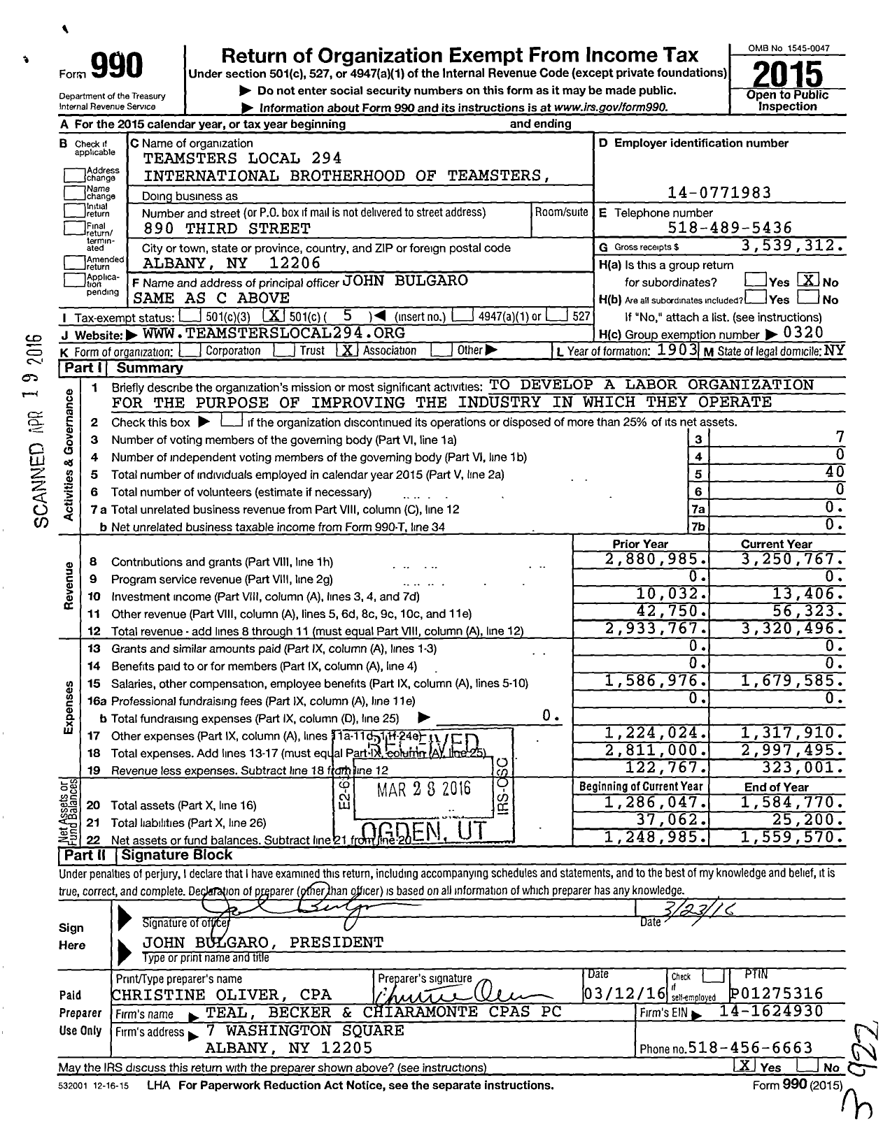 Image of first page of 2015 Form 990O for Teamsters Local 294 International Brotherhood of Teamsters