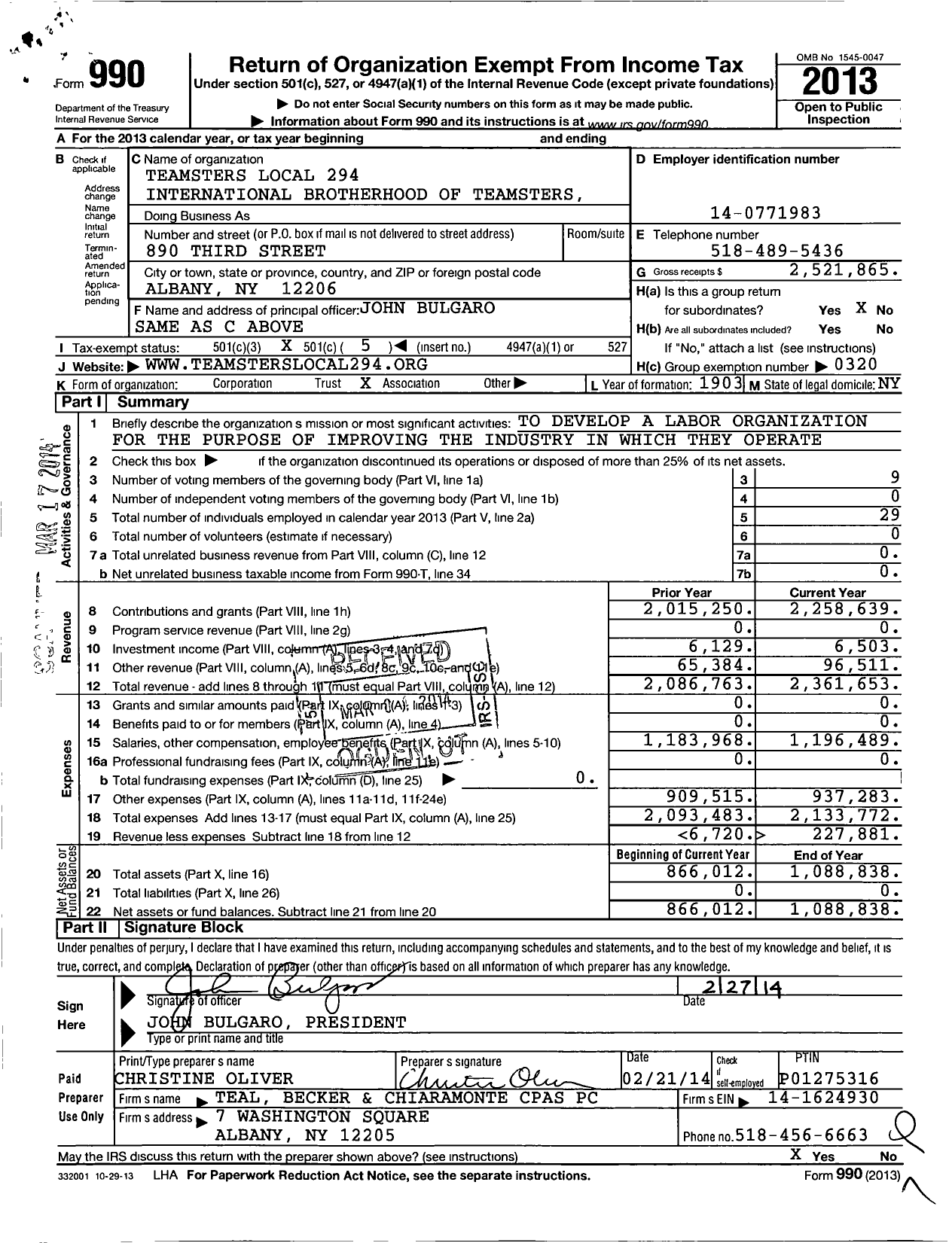 Image of first page of 2013 Form 990O for Teamsters Local 294 International Brotherhood of Teamsters