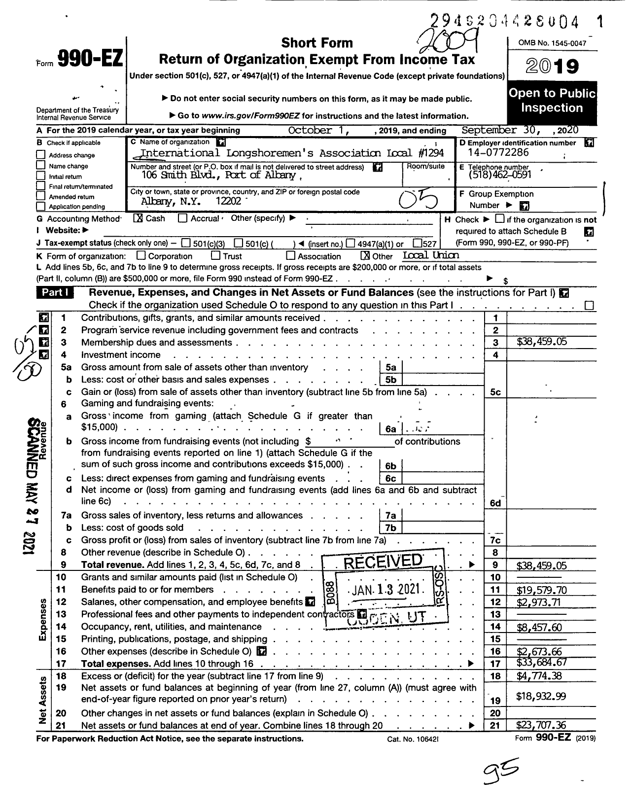 Image of first page of 2019 Form 990EO for International Longshoremen's Association - 1294 Ila