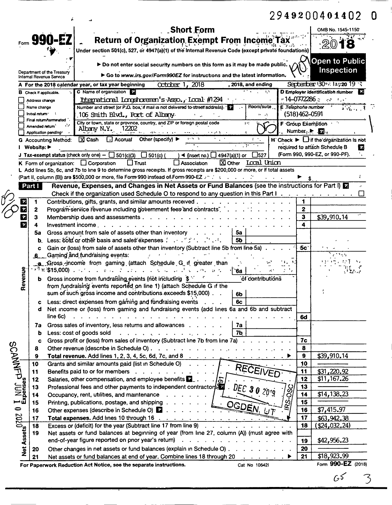 Image of first page of 2018 Form 990EO for International Longshoremen's Association - 1294 Ila