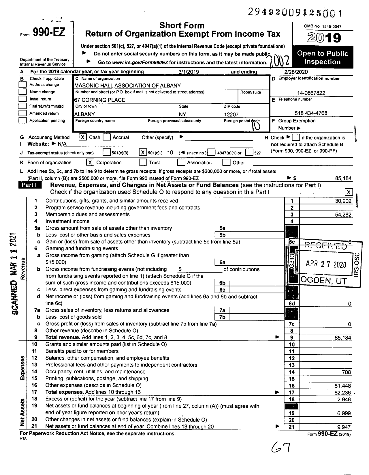 Image of first page of 2019 Form 990EO for Masonic Hall Association of Albany