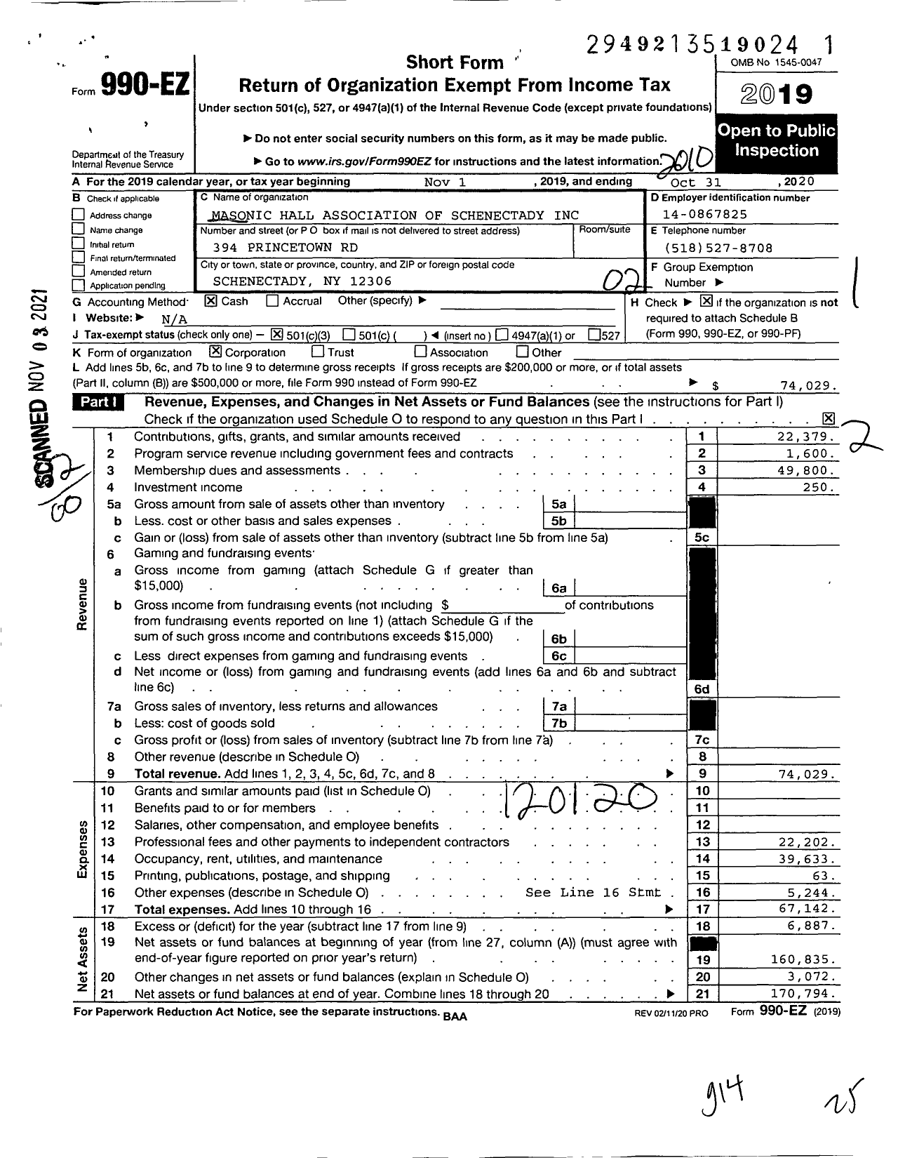 Image of first page of 2019 Form 990EO for Masonic Hall Association of Schenectady