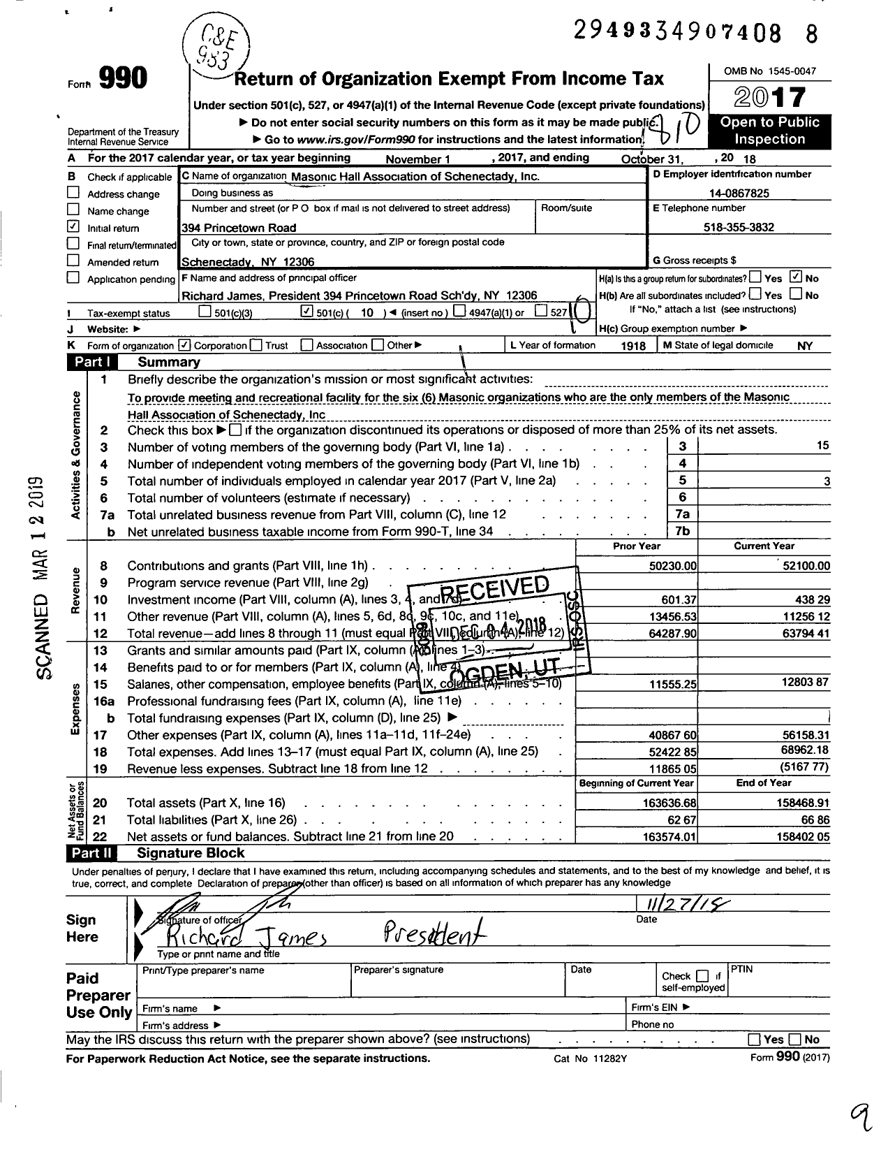 Image of first page of 2017 Form 990O for Masonic Hall Association of Schenectady