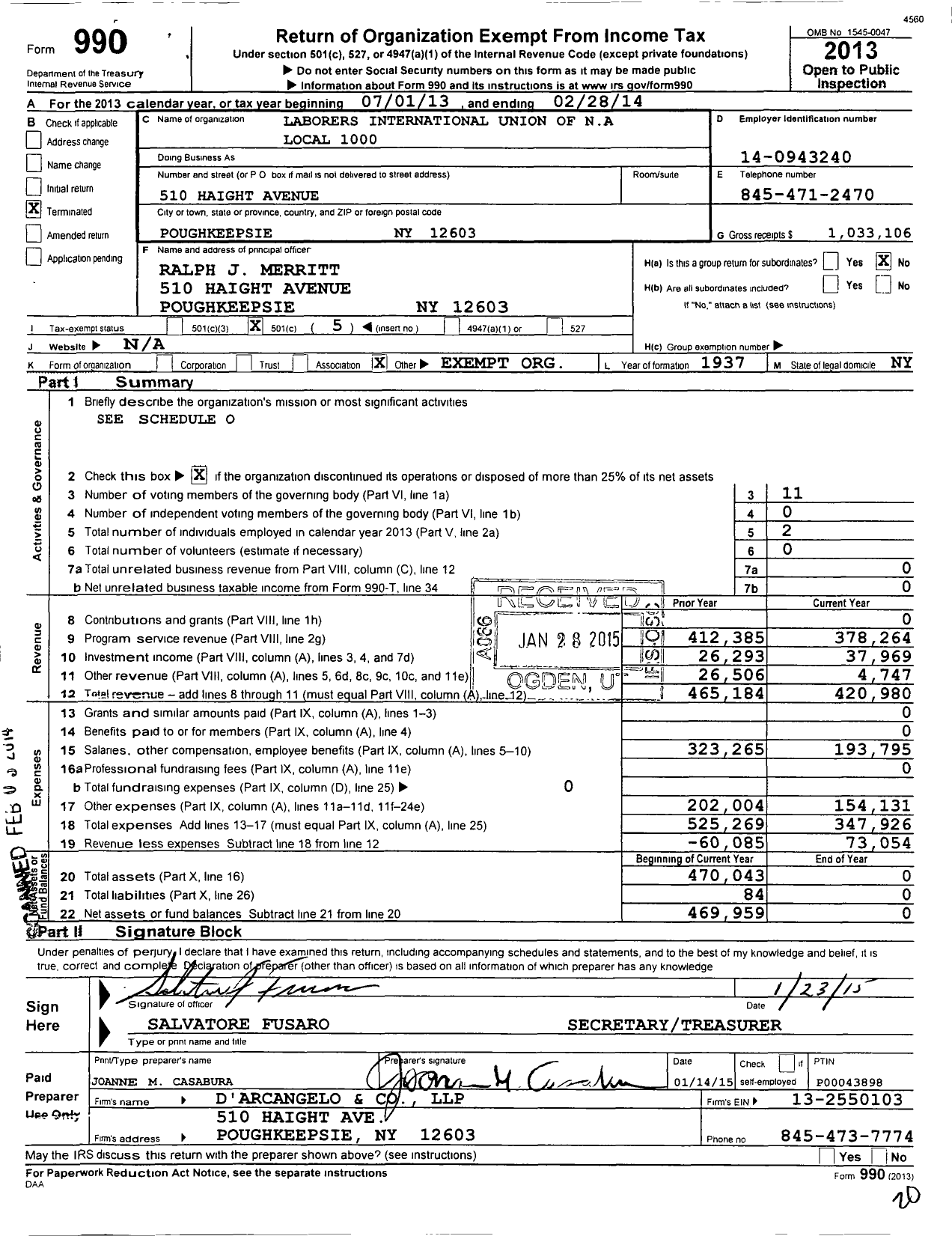 Image of first page of 2013 Form 990O for Laborers International Union of North America