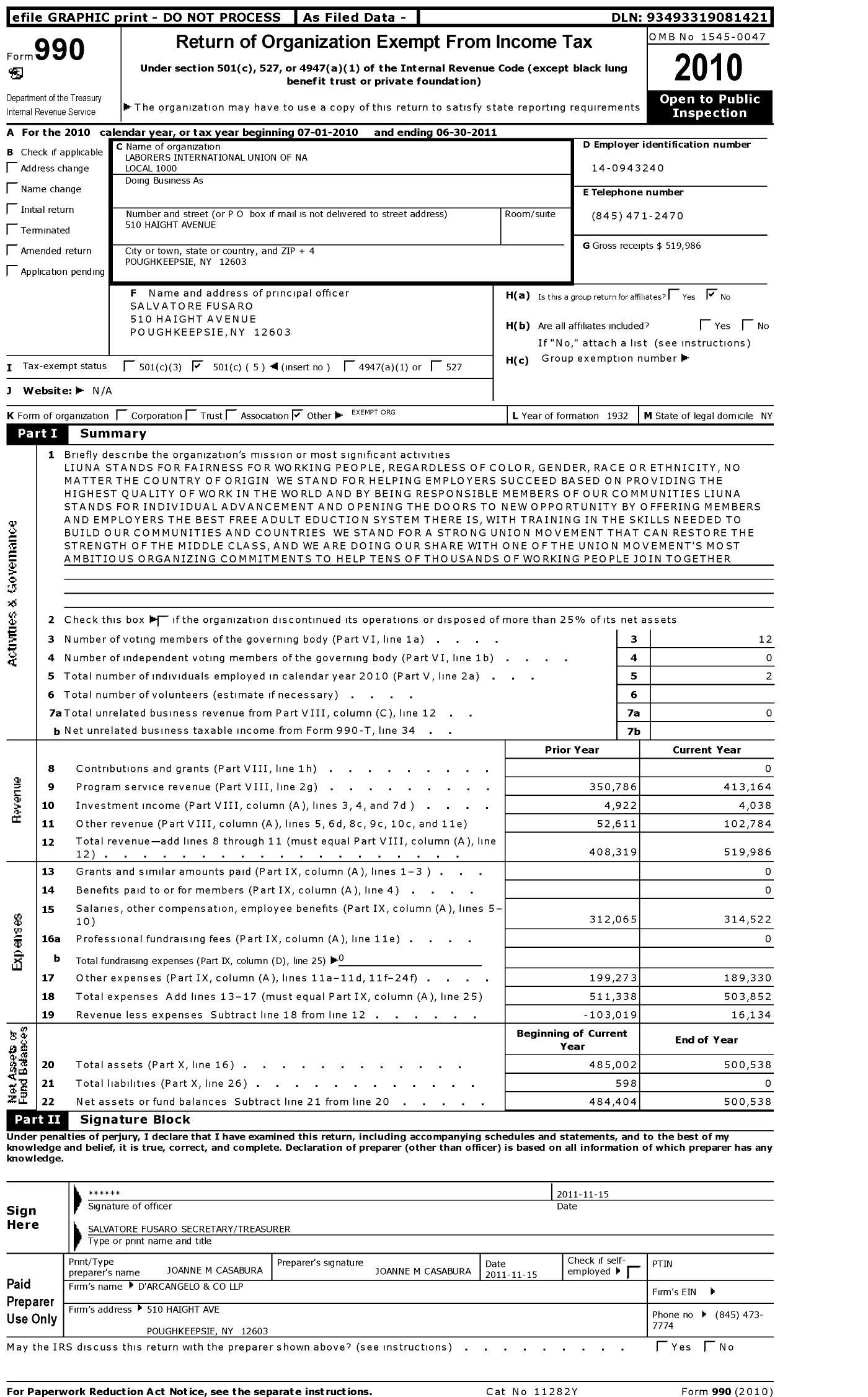 Image of first page of 2010 Form 990O for Laborers International Union of North America