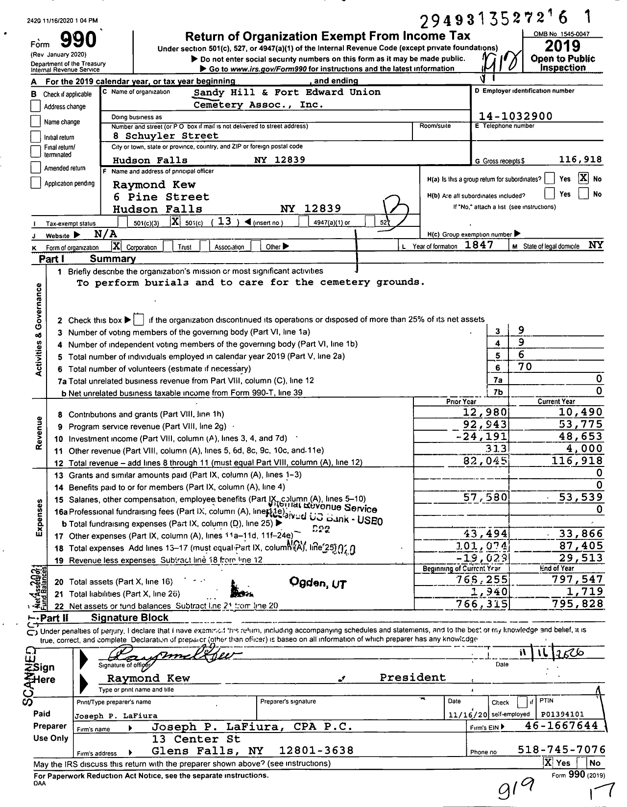 Image of first page of 2019 Form 990O for Sandy Hill and Fort Edward Union Cemetery Association