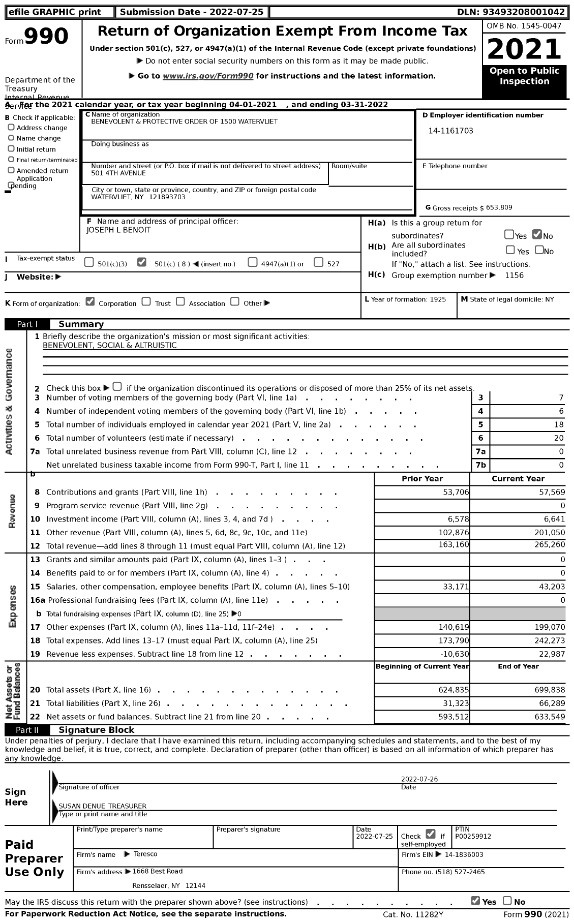 Image of first page of 2021 Form 990 for Benevolent and Protective Order of Elks - 1500 Watervliet