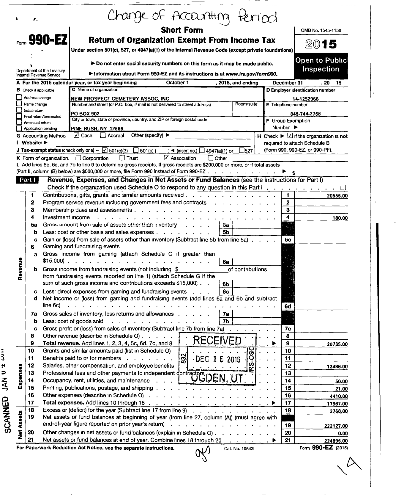 Image of first page of 2015 Form 990EZ for New Prospect Cemetery Association