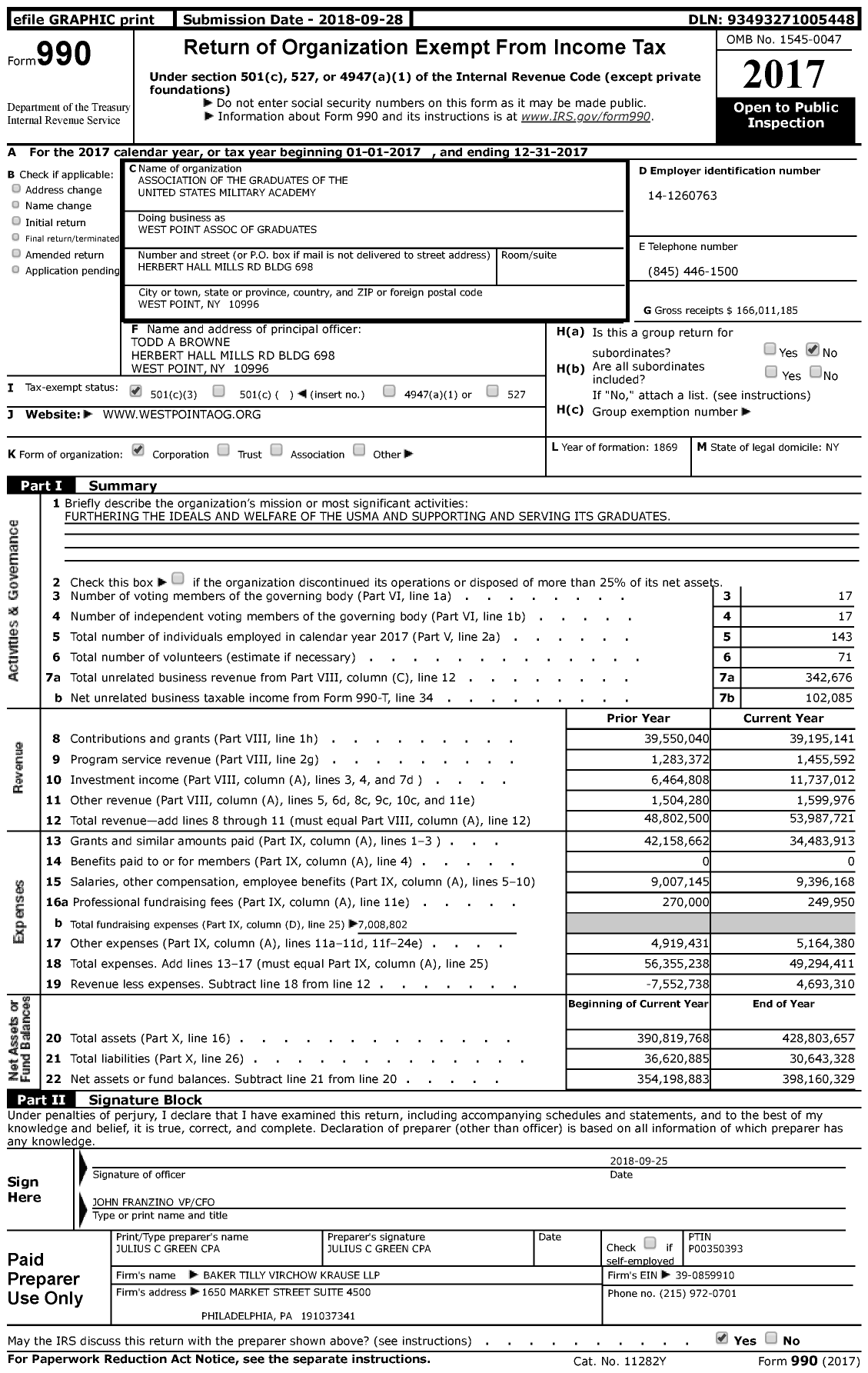 Image of first page of 2017 Form 990 for West Point Association of Graduates