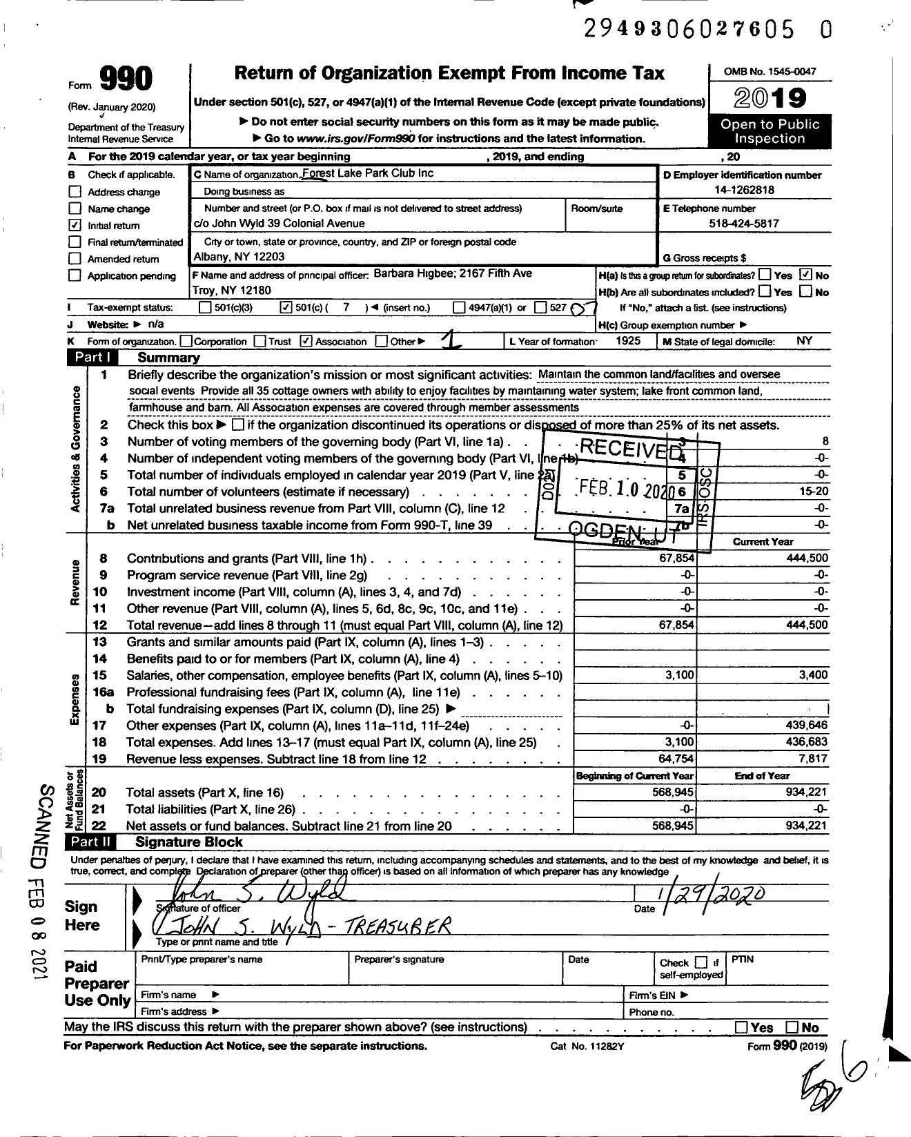 Image of first page of 2019 Form 990O for Forest Lake Park Club