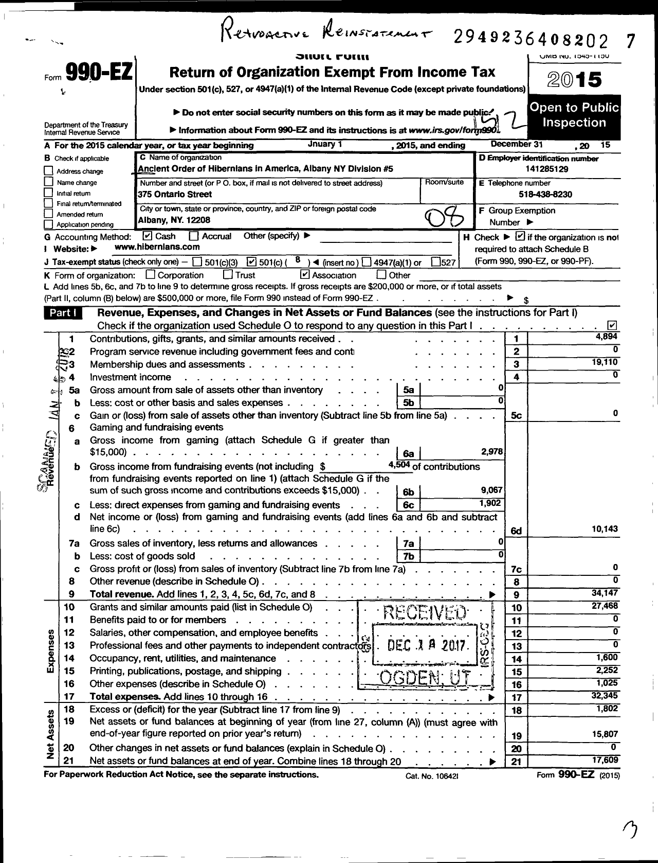 Image of first page of 2015 Form 990EO for Ancient Order of Hibernians in America