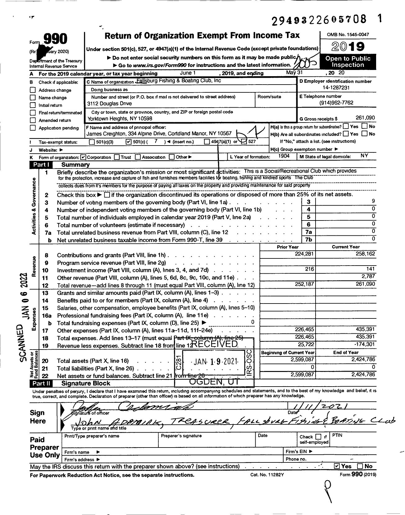 Image of first page of 2019 Form 990O for Fallsburg Fishing and Boating Club