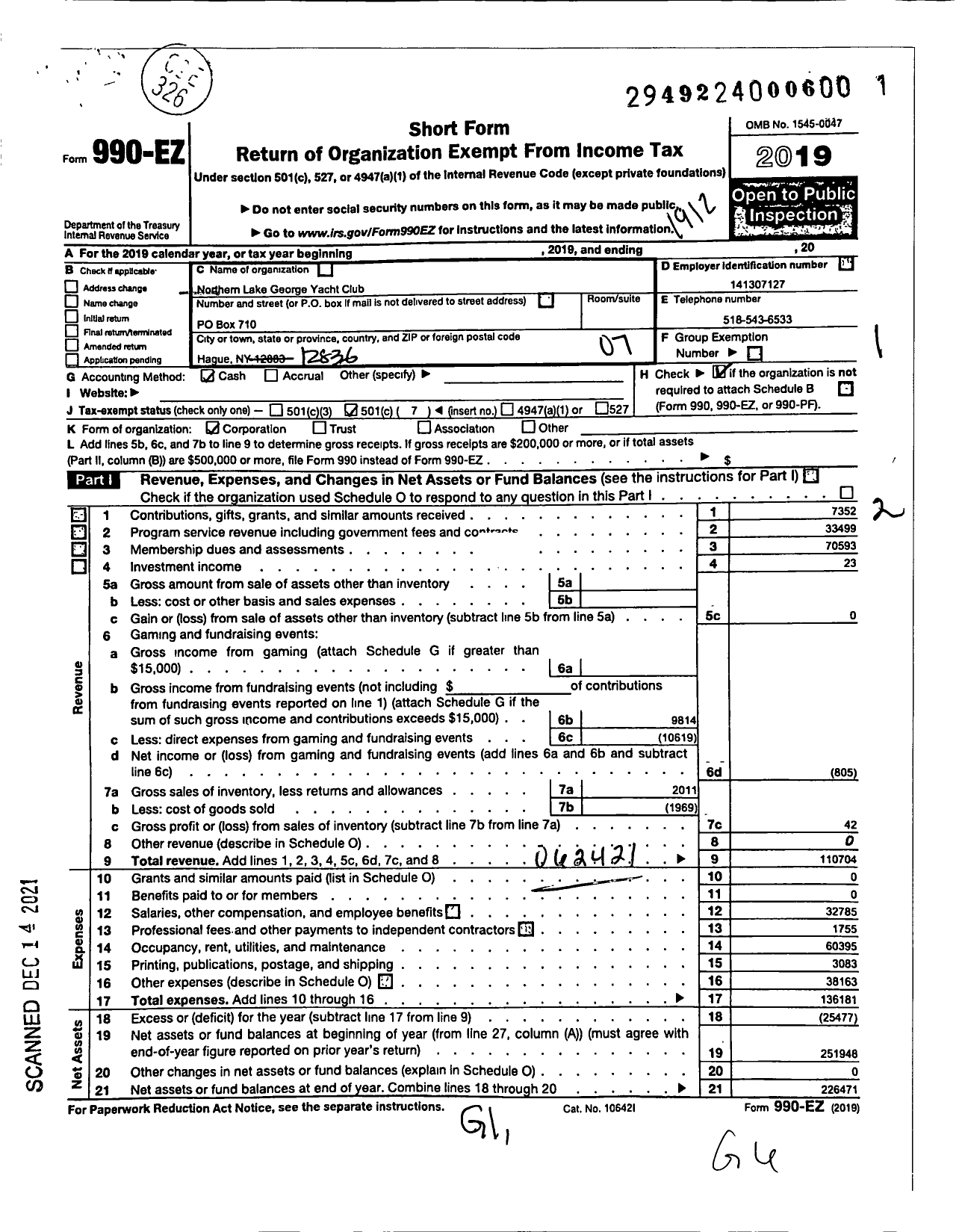 Image of first page of 2019 Form 990EO for Northern Lake George Yacht Club