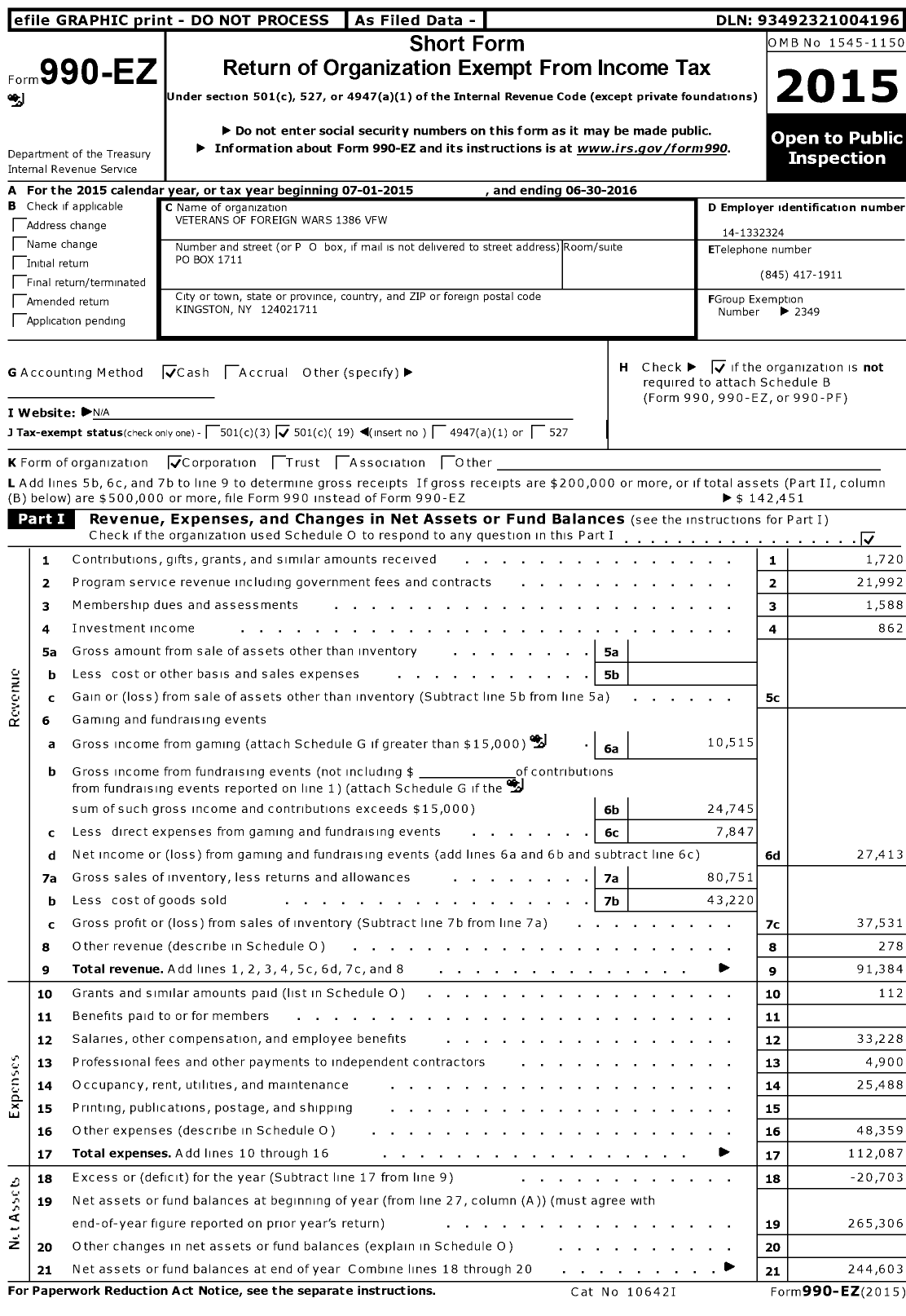 Image of first page of 2015 Form 990EO for Department of Ny VFW - 1386 Vfw-Ny