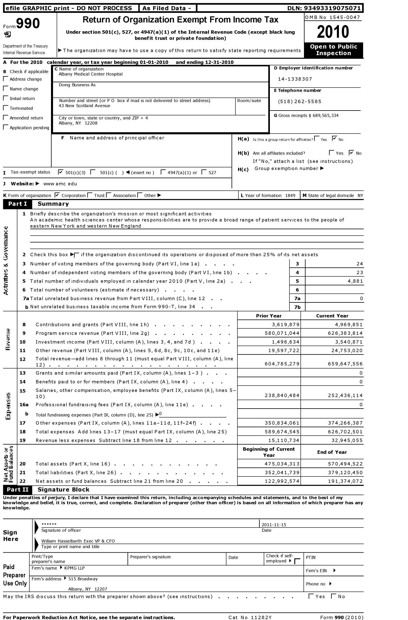 Image of first page of 2010 Form 990 for Albany Medical Center Hospital