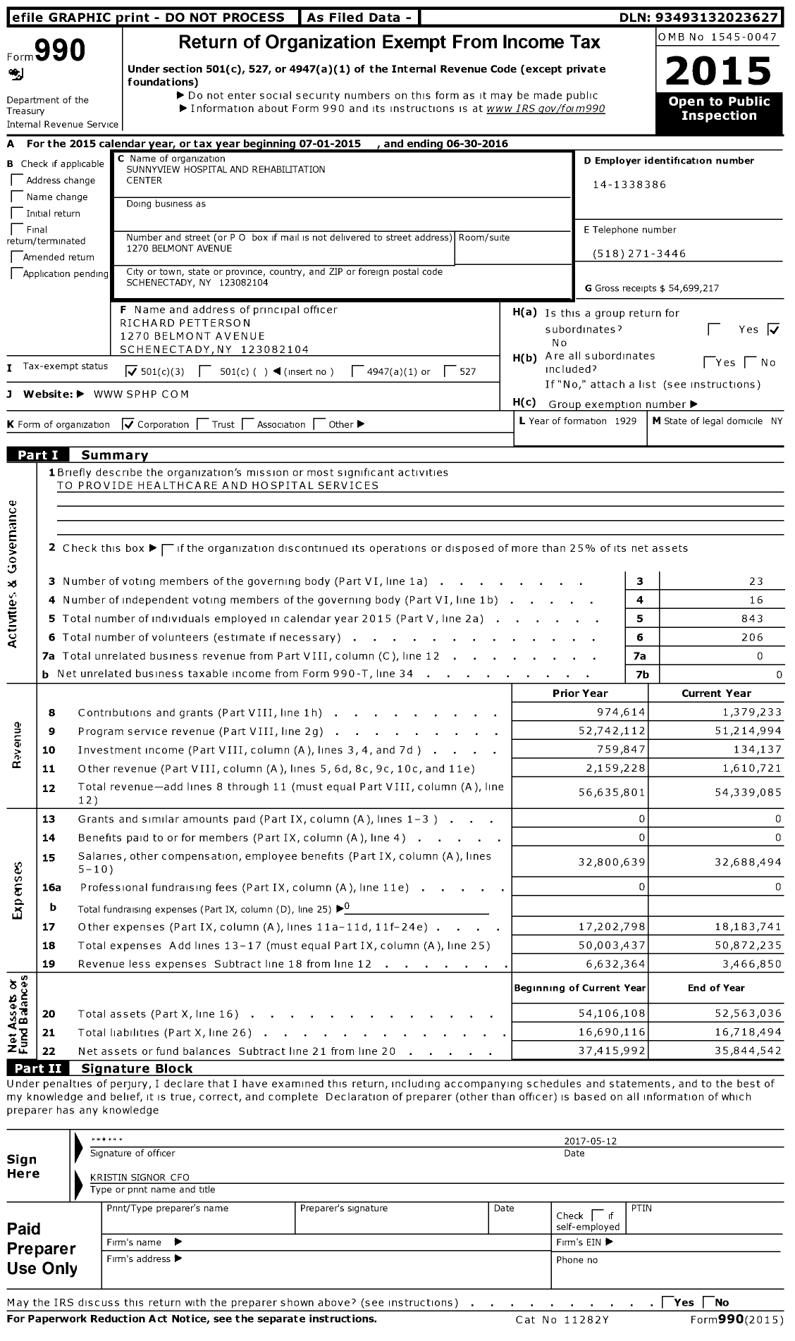 Image of first page of 2015 Form 990 for Sunnyview Rehabilitation Hospital